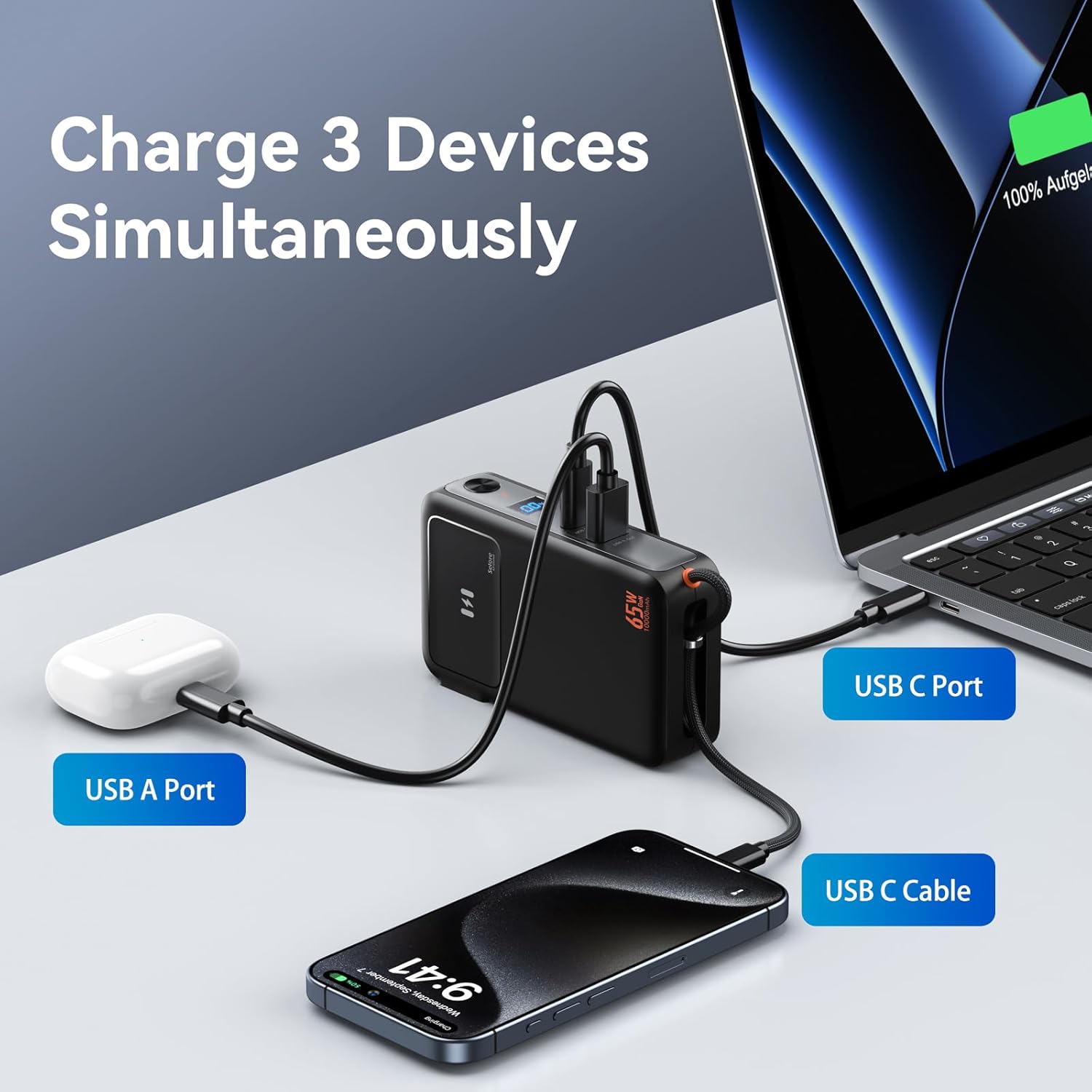 fast charging portable charger power bank 10,000mah pd35w usb c battery pack with 65w gan wall charger, built in usb c cable for iphone 16/1514/13 series, laptop, samsung, pixel, macbook, dell