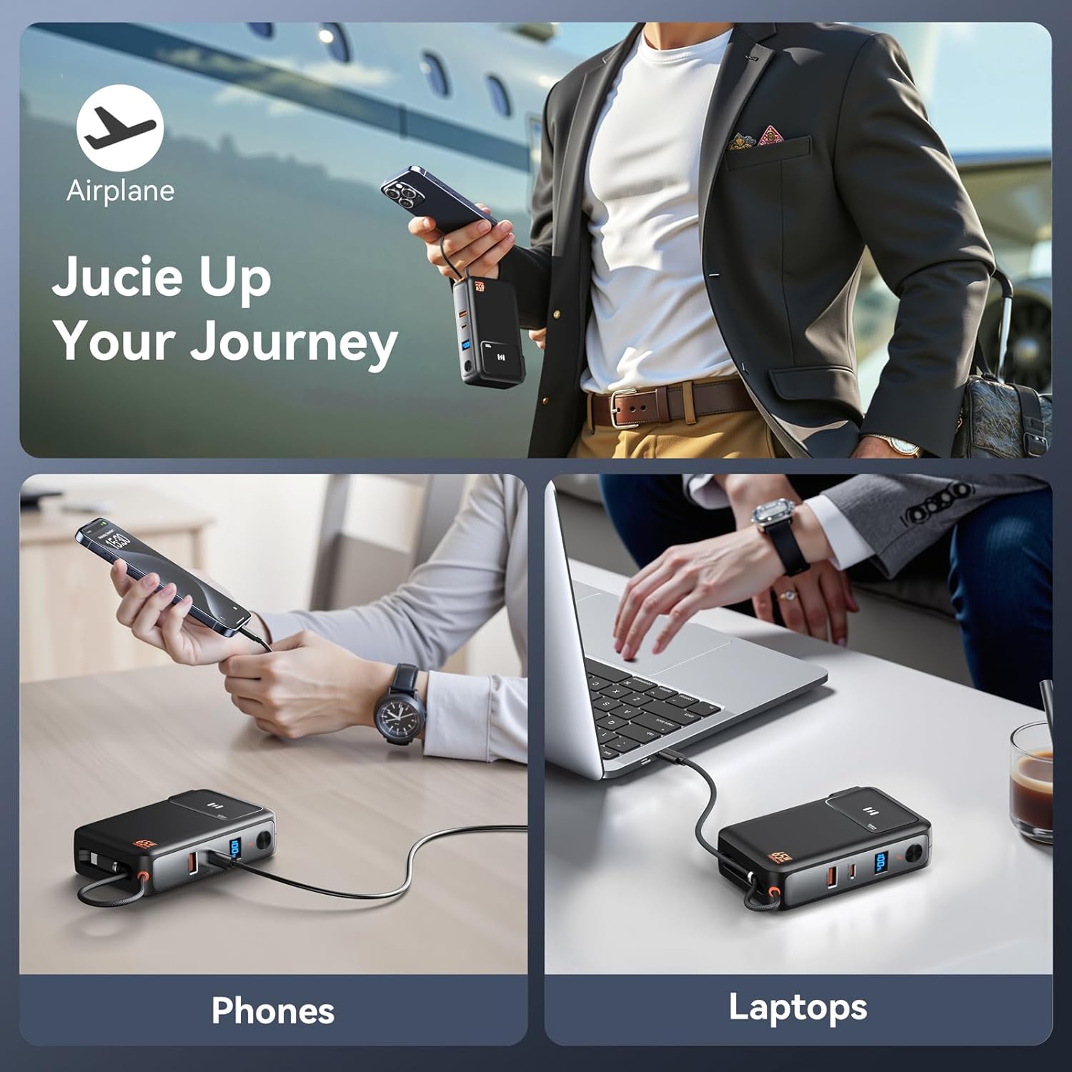 fast charging portable charger power bank 10,000mah pd35w usb c battery pack with 65w gan wall charger, built in usb c cable for iphone 16/1514/13 series, laptop, samsung, pixel, macbook, dell