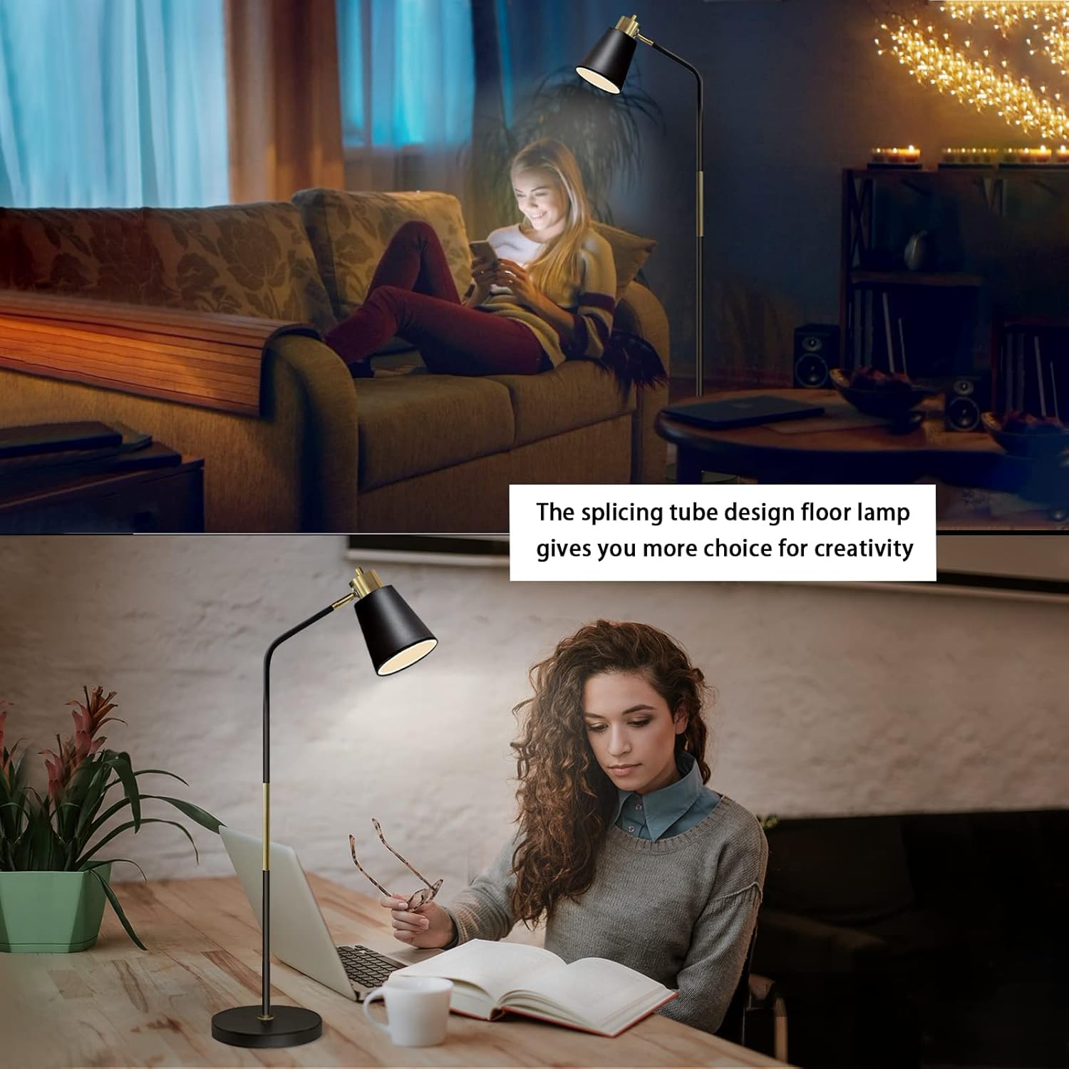 floor lamp, industrial floor lamps for living rooms rustic farmhouse reading standing floor lamp adjustable metal heads indoor task lighting for living room bedroom office home décor (black)