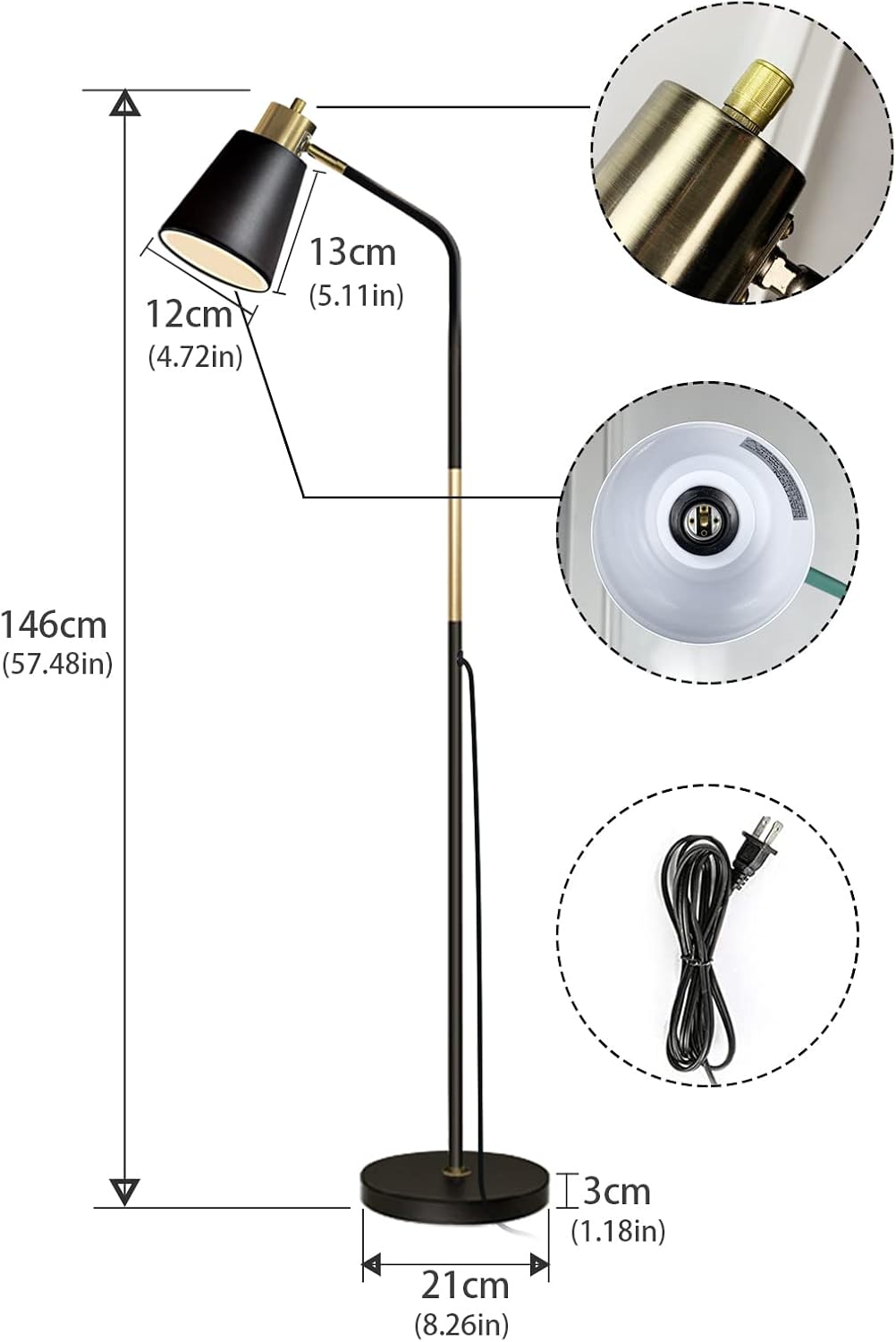 floor lamp, industrial floor lamps for living rooms rustic farmhouse reading standing floor lamp adjustable metal heads indoor task lighting for living room bedroom office home décor (black)