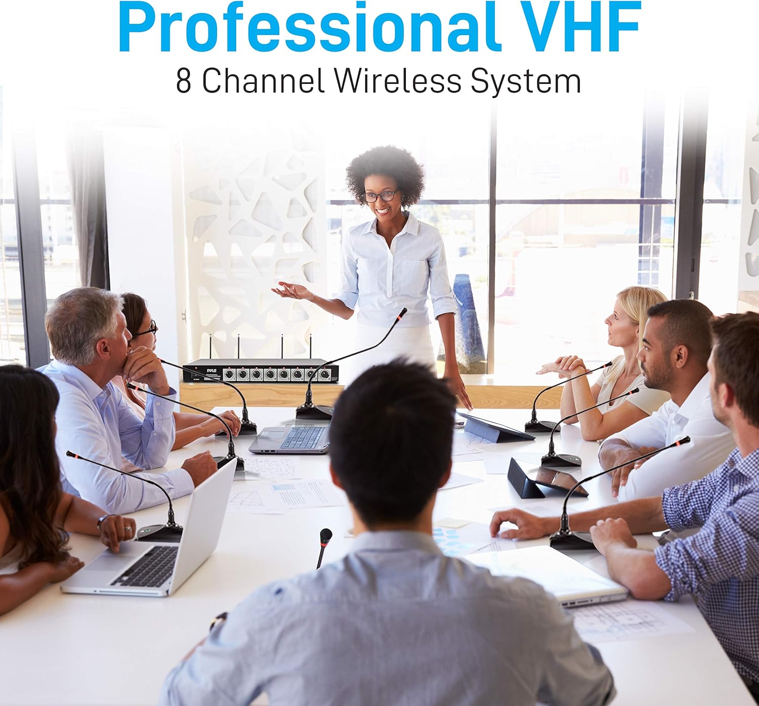 pyle 8 channel wireless microphone system portable vhf cordless audio mic set with 1/4" and xlr output, dual antenna, includes 8 table top mics, rack mountable receiver base pyle pdwm8300,black