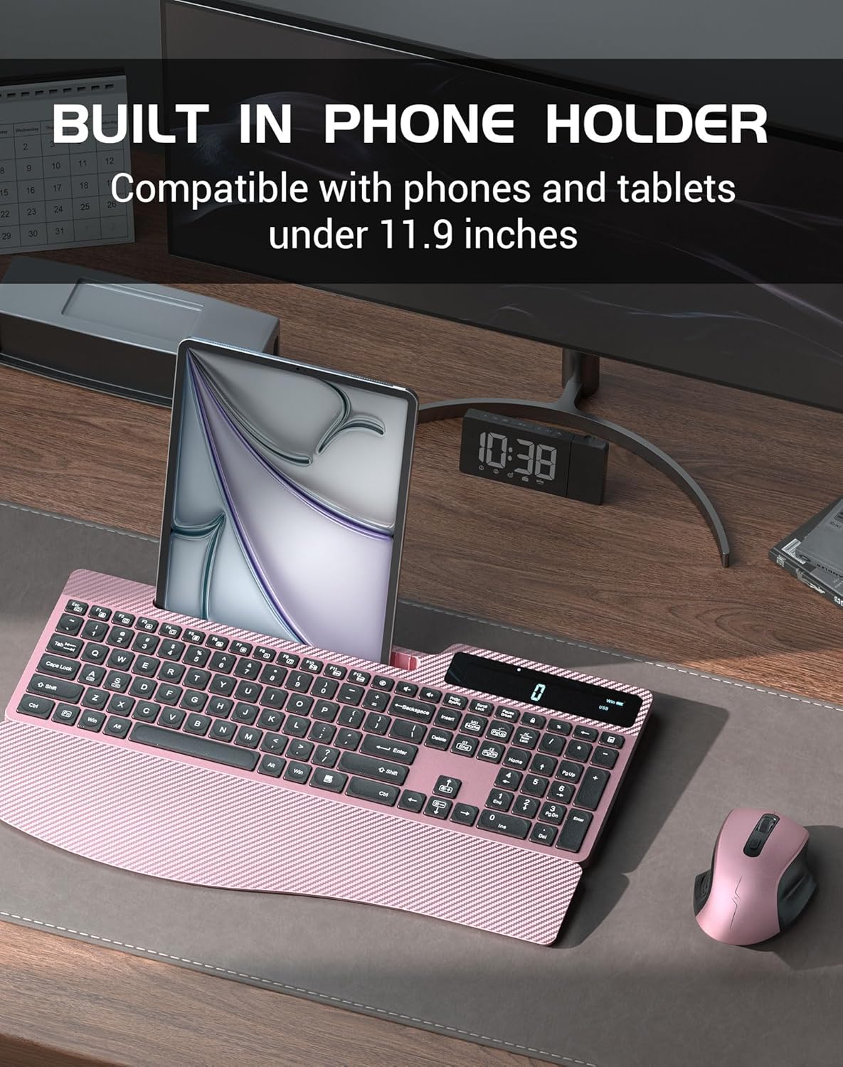 wireless keyboard mouse combo, full size ergonomic keyboard with backlit, wrist rest, calculator, phone holder, 2.4ghz silent cordless rechargeable keyboard & mouse for laptop, pc (pink black)
