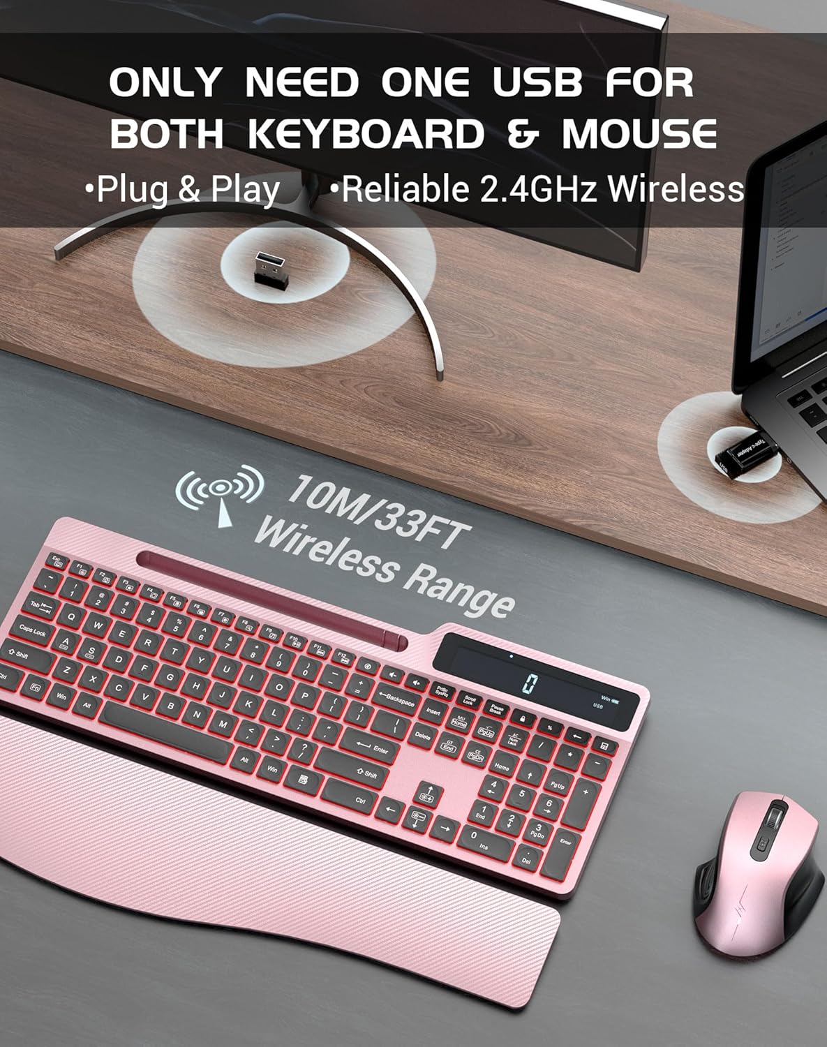 wireless keyboard mouse combo, full size ergonomic keyboard with backlit, wrist rest, calculator, phone holder, 2.4ghz silent cordless rechargeable keyboard & mouse for laptop, pc (pink black)
