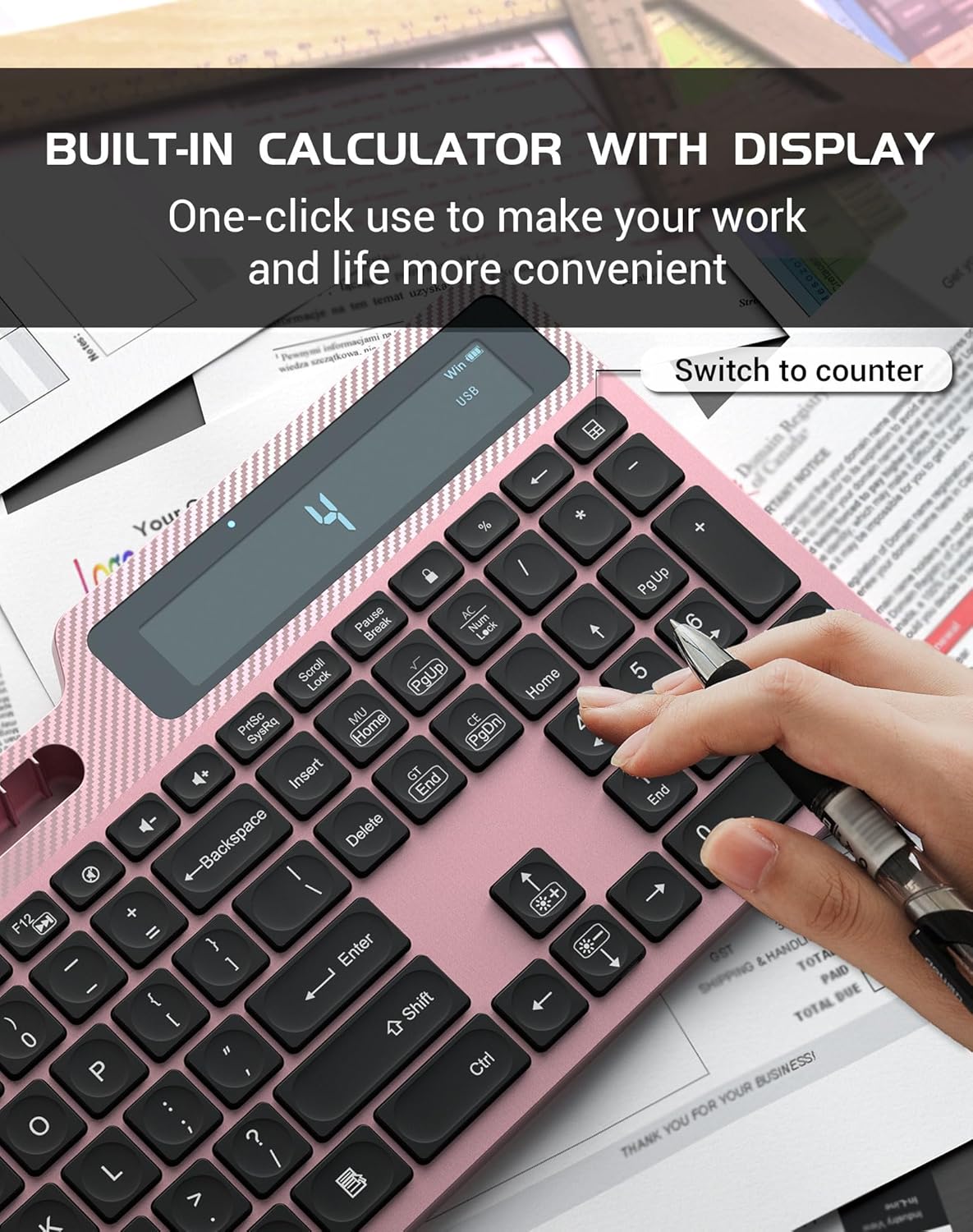 wireless keyboard mouse combo, full size ergonomic keyboard with backlit, wrist rest, calculator, phone holder, 2.4ghz silent cordless rechargeable keyboard & mouse for laptop, pc (pink black)