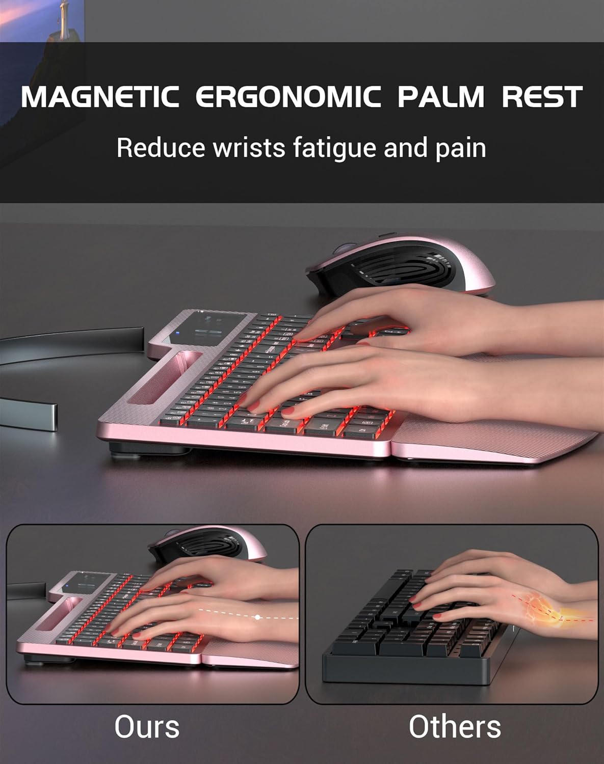 wireless keyboard mouse combo, full size ergonomic keyboard with backlit, wrist rest, calculator, phone holder, 2.4ghz silent cordless rechargeable keyboard & mouse for laptop, pc (pink black)