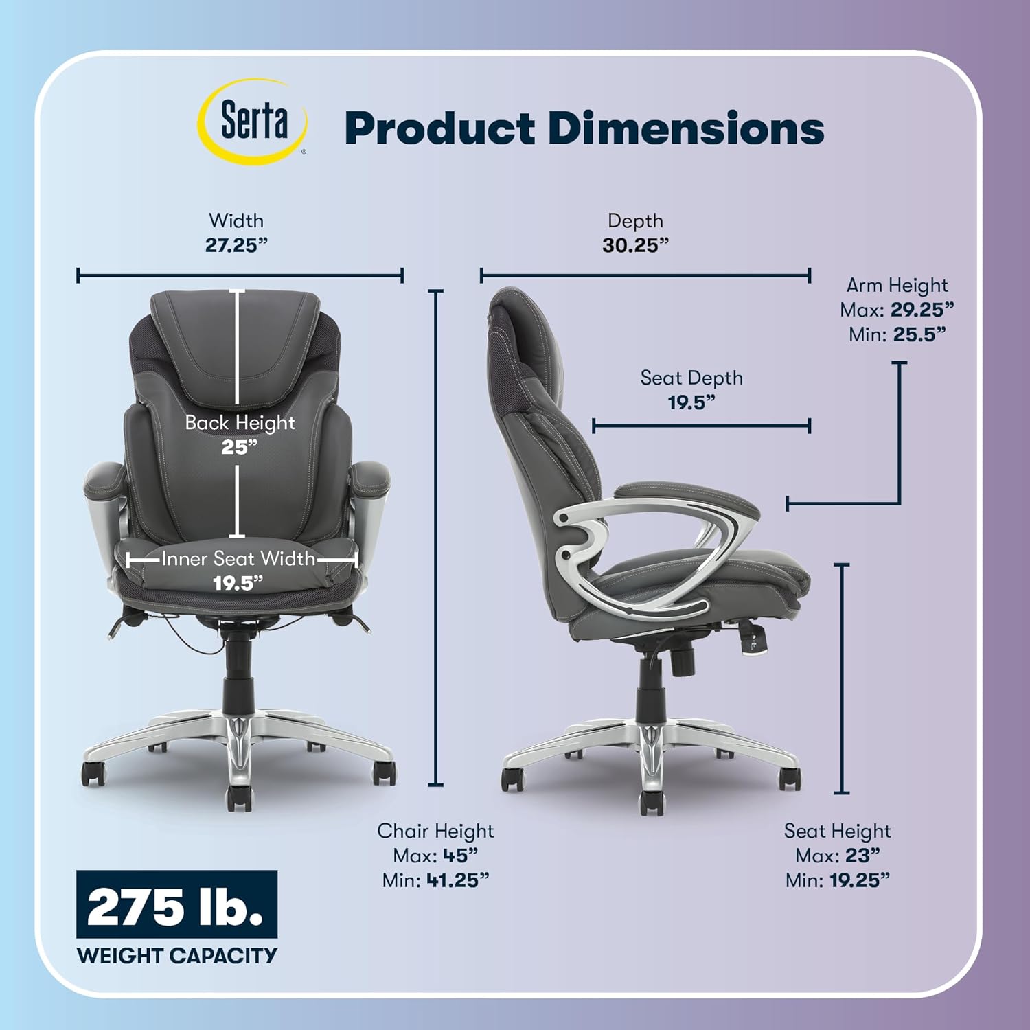 serta bryce executive office chair, ergonomic computer deskchairs with patented air lumbar support, comfy body pillows, height adjustable, swivel base with wheels, bonded leather, gray