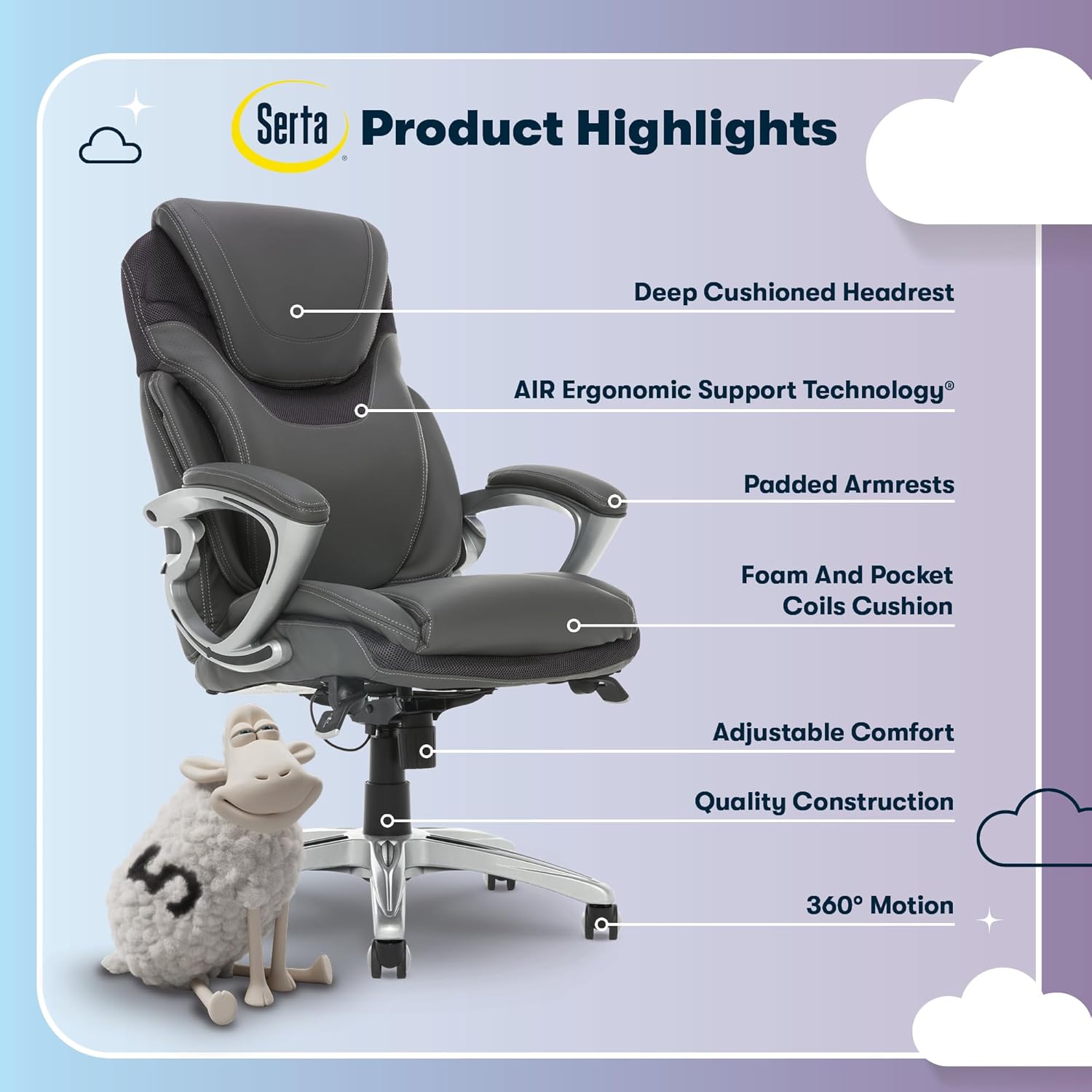 serta bryce executive office chair, ergonomic computer deskchairs with patented air lumbar support, comfy body pillows, height adjustable, swivel base with wheels, bonded leather, gray