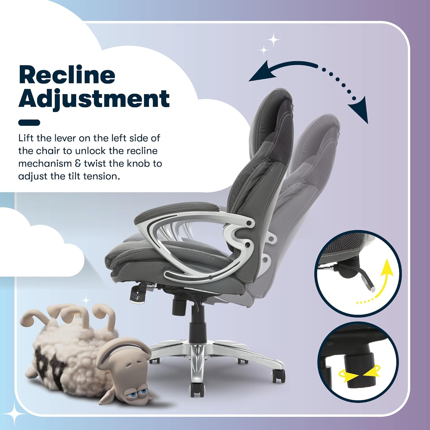 serta bryce executive office chair, ergonomic computer deskchairs with patented air lumbar support, comfy body pillows, height adjustable, swivel base with wheels, bonded leather, gray