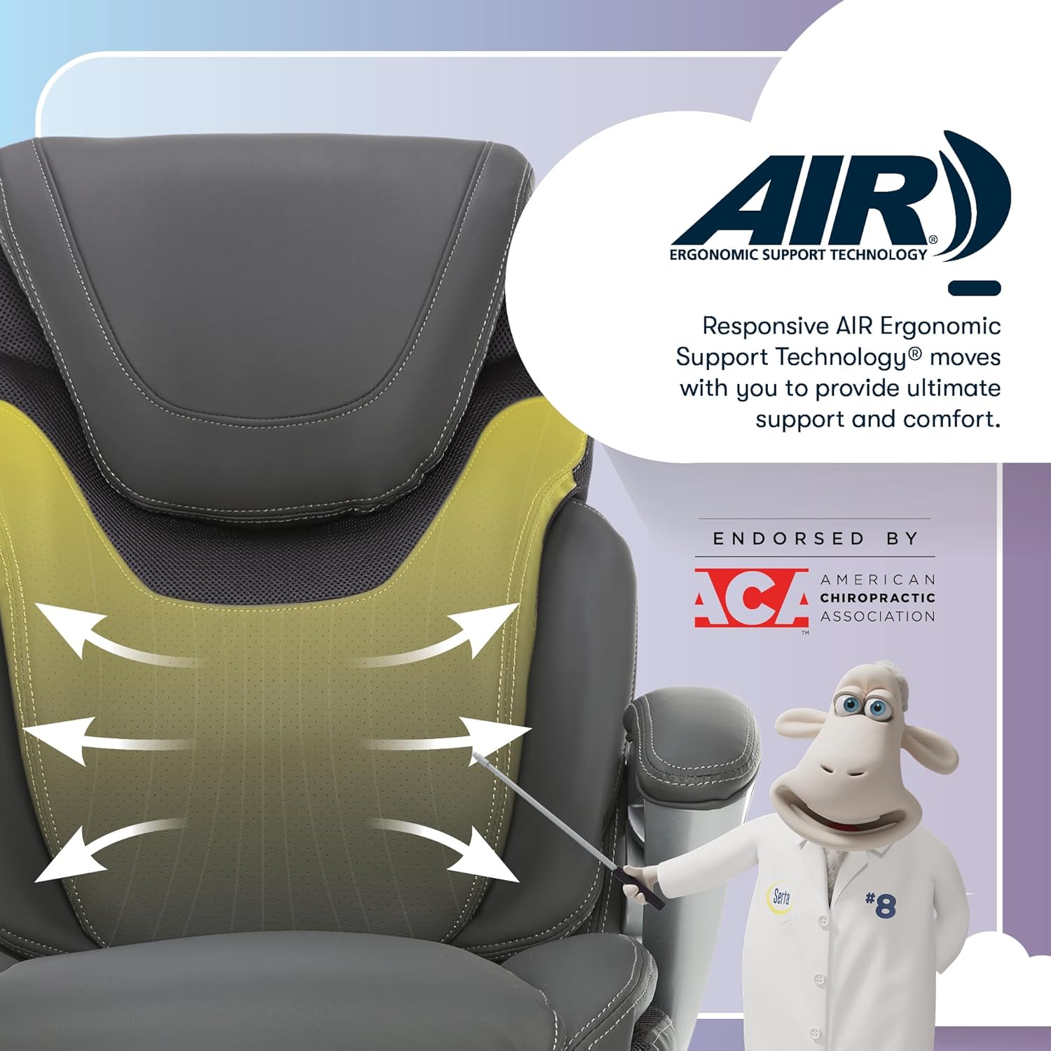 serta bryce executive office chair, ergonomic computer deskchairs with patented air lumbar support, comfy body pillows, height adjustable, swivel base with wheels, bonded leather, gray