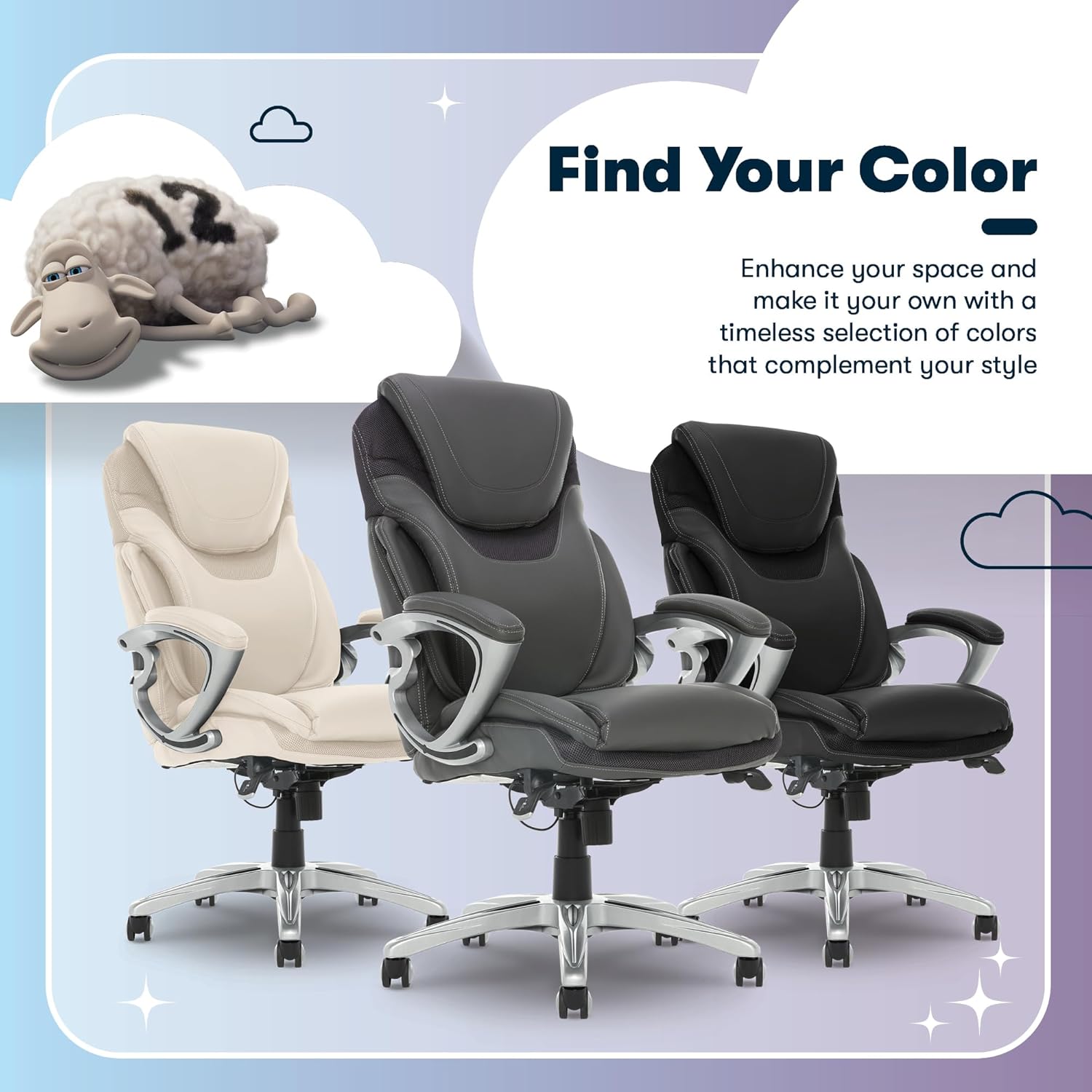 serta bryce executive office chair, ergonomic computer deskchairs with patented air lumbar support, comfy body pillows, height adjustable, swivel base with wheels, bonded leather, gray