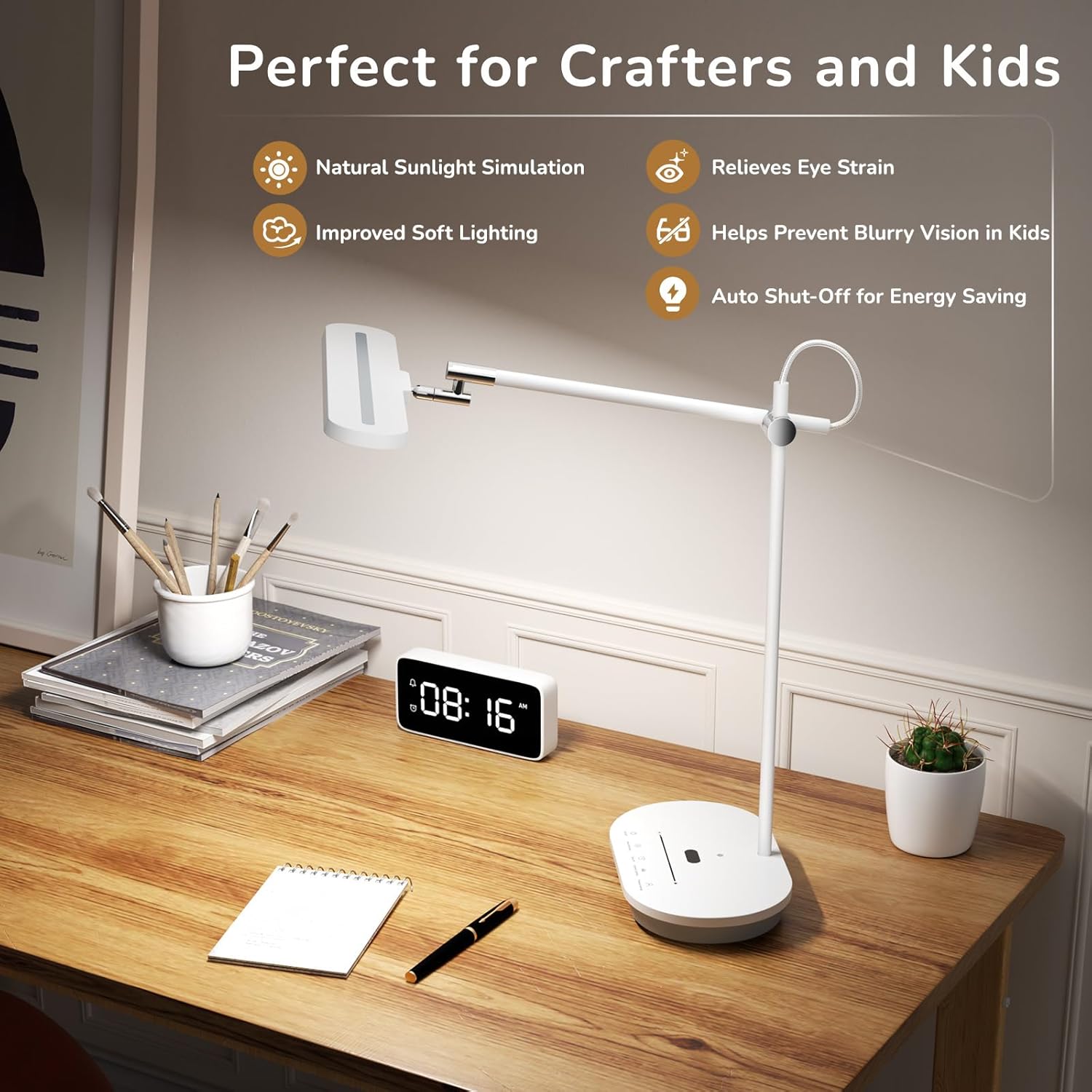 led desk lamp with cri 98, advanced eye caring bright desk light for crafting, home office & kids studying, multi angle adjustable, dimmable full spectrum with touch & gesture control