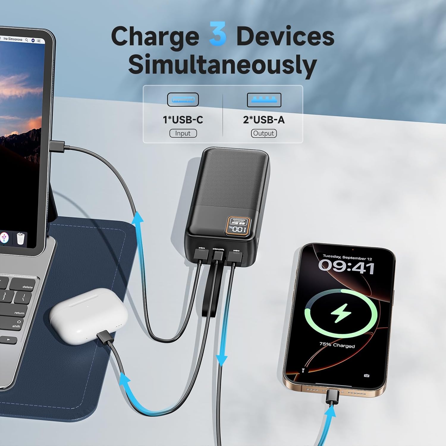 energyqc 42000mah portable charger, 22.5w power bank with led flashlight usb c fast charging external battery pack, led display portable phone charger for iphone 16/15/14/13, android, samsung,etc