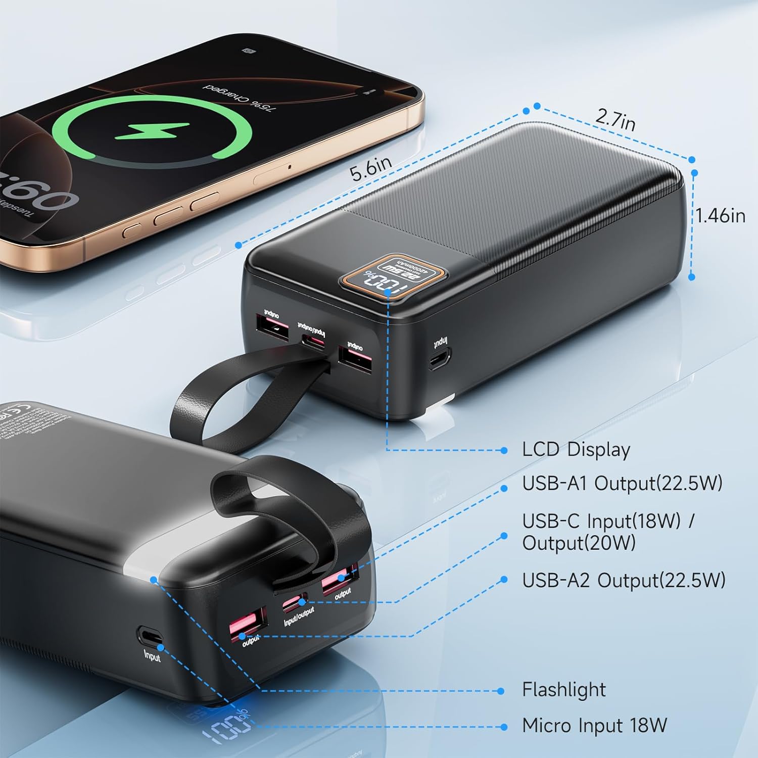 energyqc 42000mah portable charger, 22.5w power bank with led flashlight usb c fast charging external battery pack, led display portable phone charger for iphone 16/15/14/13, android, samsung,etc