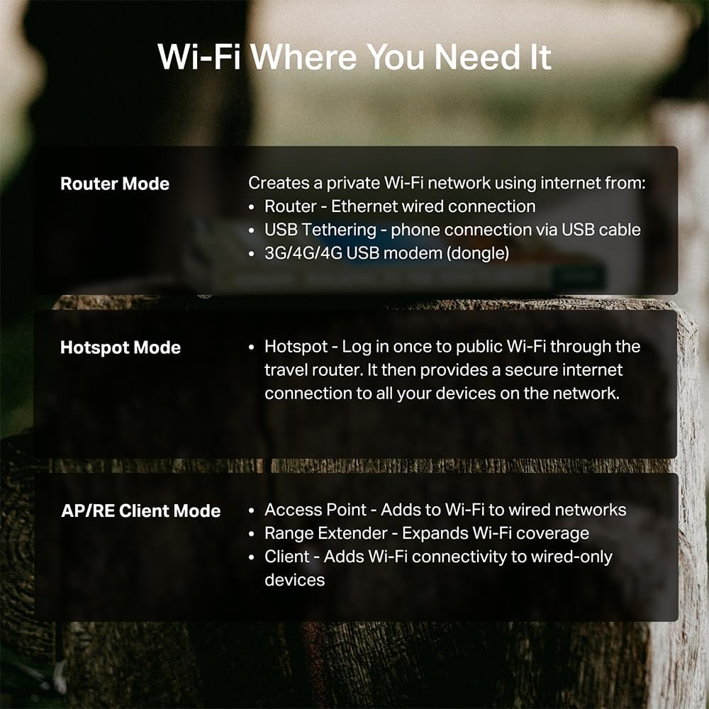 tp link be3600 wi fi 7 portable travel router tl wr3602be | dual band, 2.5 gig port, usb 3.0 | multi modes in one | openvpn, wireguard® | public wifi sharing for hotel/cruise/rv/plane | no 6 ghz