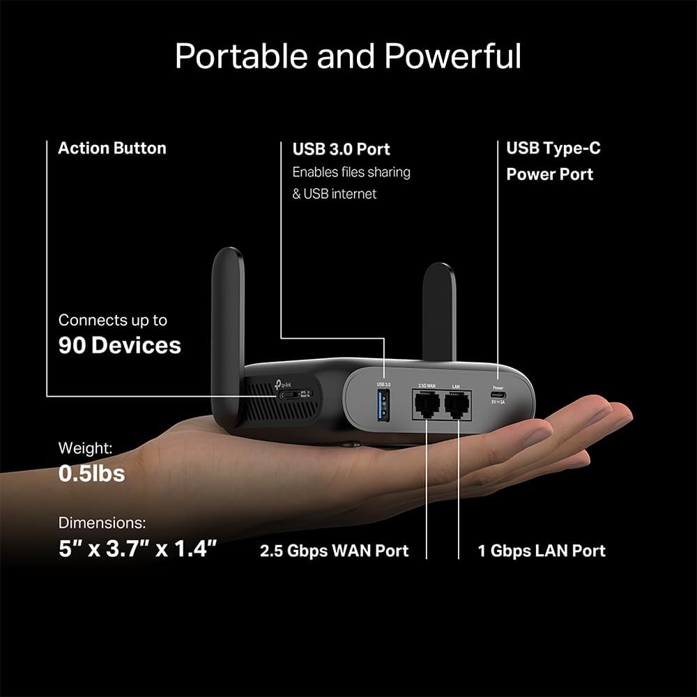 tp link be3600 wi fi 7 portable travel router tl wr3602be | dual band, 2.5 gig port, usb 3.0 | multi modes in one | openvpn, wireguard® | public wifi sharing for hotel/cruise/rv/plane | no 6 ghz