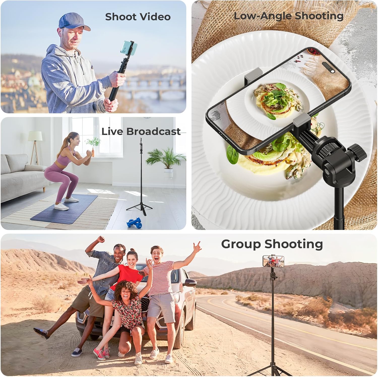 selfie stick tripod for iphone and android, 70" camera tripod stand for phone with remote, universal phone holder, action camera adapter for selfies video recording