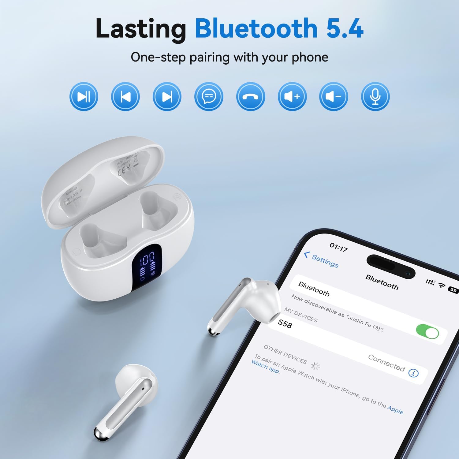 wireless earbuds, 2025 bluetooth 5.4 bass stereo headphones with 4 enc mic, 50h playback ear buds with charging case led display,sport earphones ipx7 waterproof for phone, android, pad, white