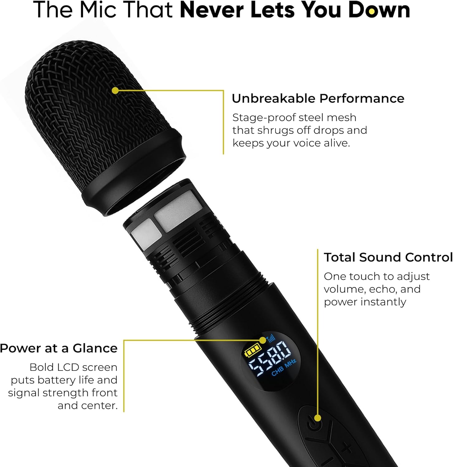 bowens wireless microphone system – karaoke microphone wireless with receiver, echo control, lcd display, usb c charging, 6.35mm adapter – cordless mic for singing, speaking parties, events