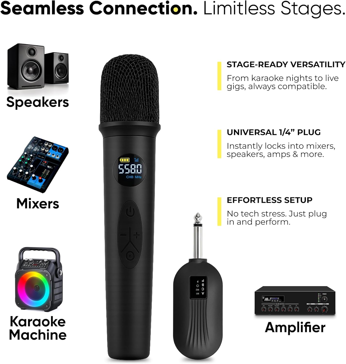 bowens wireless microphone system – karaoke microphone wireless with receiver, echo control, lcd display, usb c charging, 6.35mm adapter – cordless mic for singing, speaking parties, events