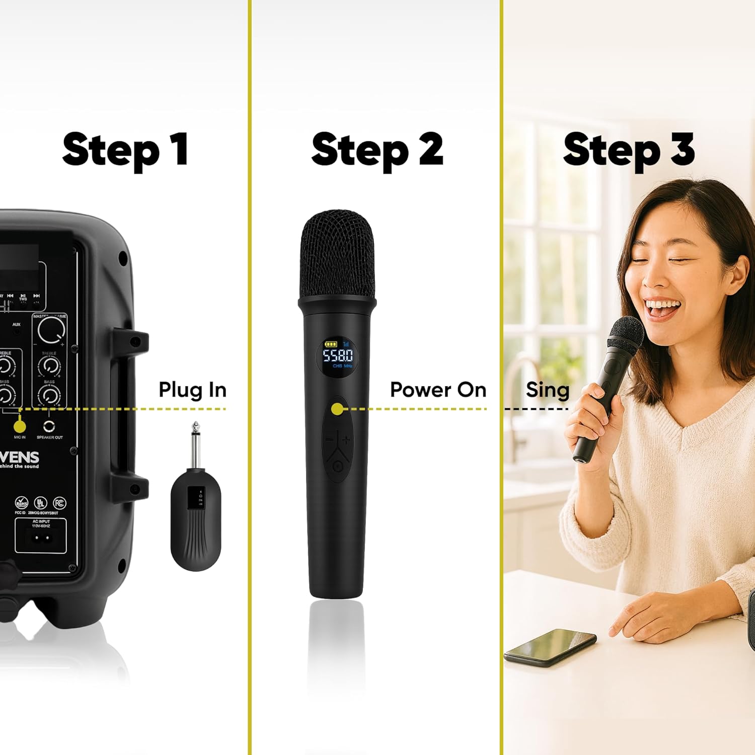 bowens wireless microphone system – karaoke microphone wireless with receiver, echo control, lcd display, usb c charging, 6.35mm adapter – cordless mic for singing, speaking parties, events