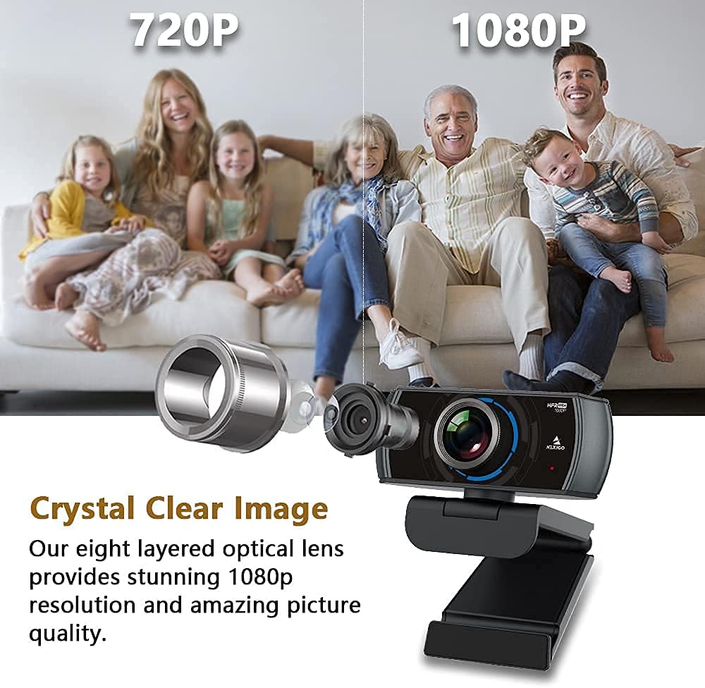 nexigo n980p 1080p 60fps webcam with microphone and software control, usb computer camera, built in dual noise reduction mics, 120° wide angle for zoom/skype/facetime/teams, pc mac laptop desktop