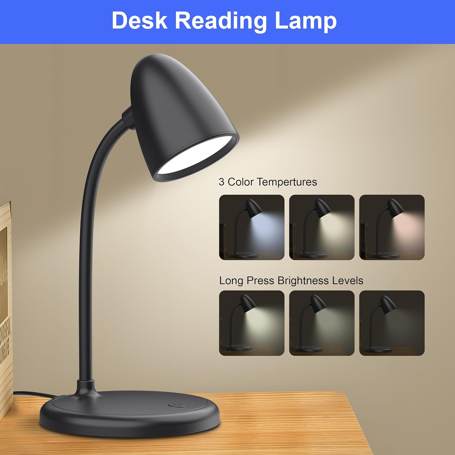 led desk lamp for home office,3 light colors,flexible gooseneck table lamp,dimmable reading light for bedside small desk lamp for college dorm room,bedroom desk light,black