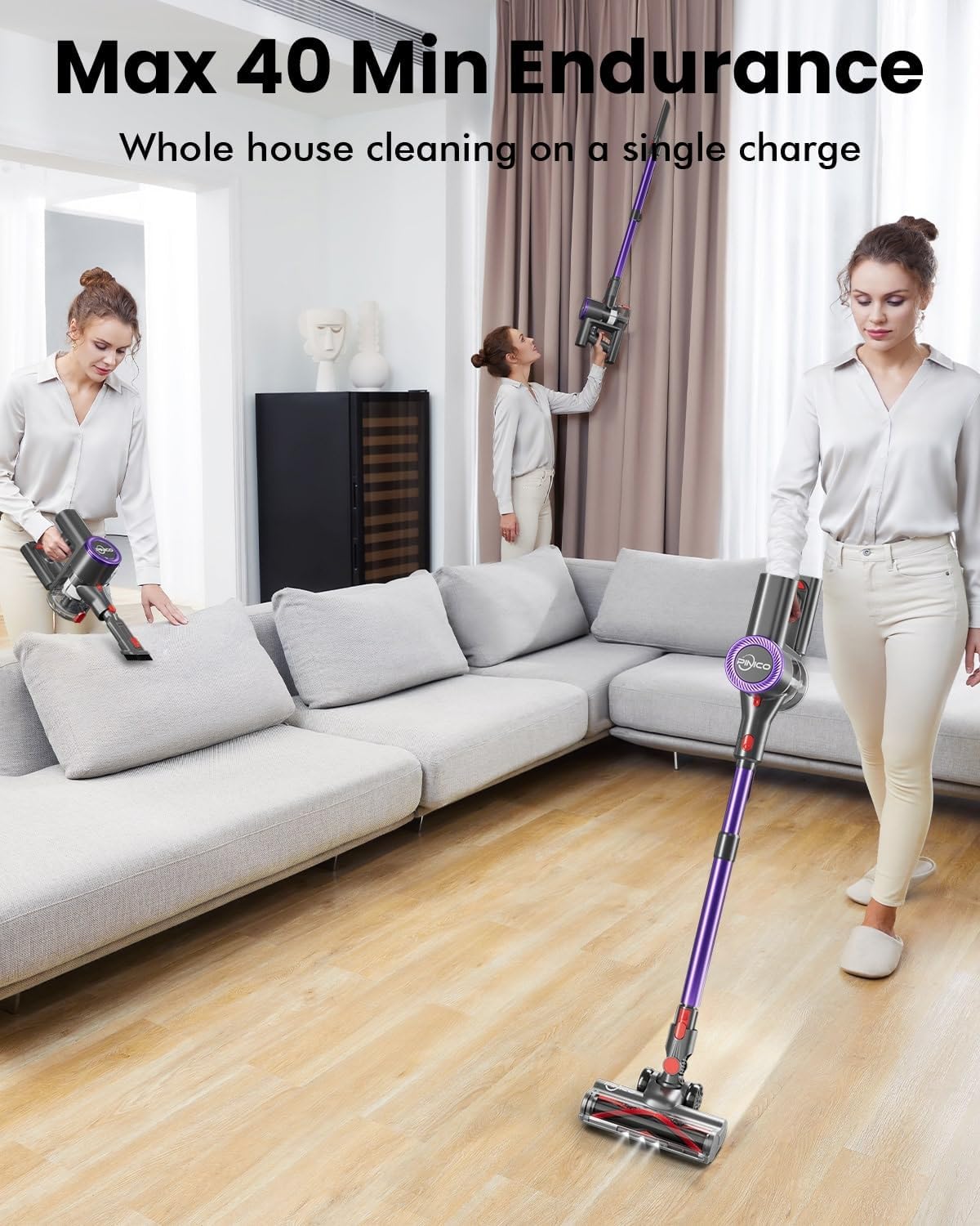 cordless vacuum cleaner, 25kpa vacuum cleaners for home, stick vac with anti tangle brush, 40 mins runtime, lightweight, versatile for carpet, hard floor, pet hair (purple)