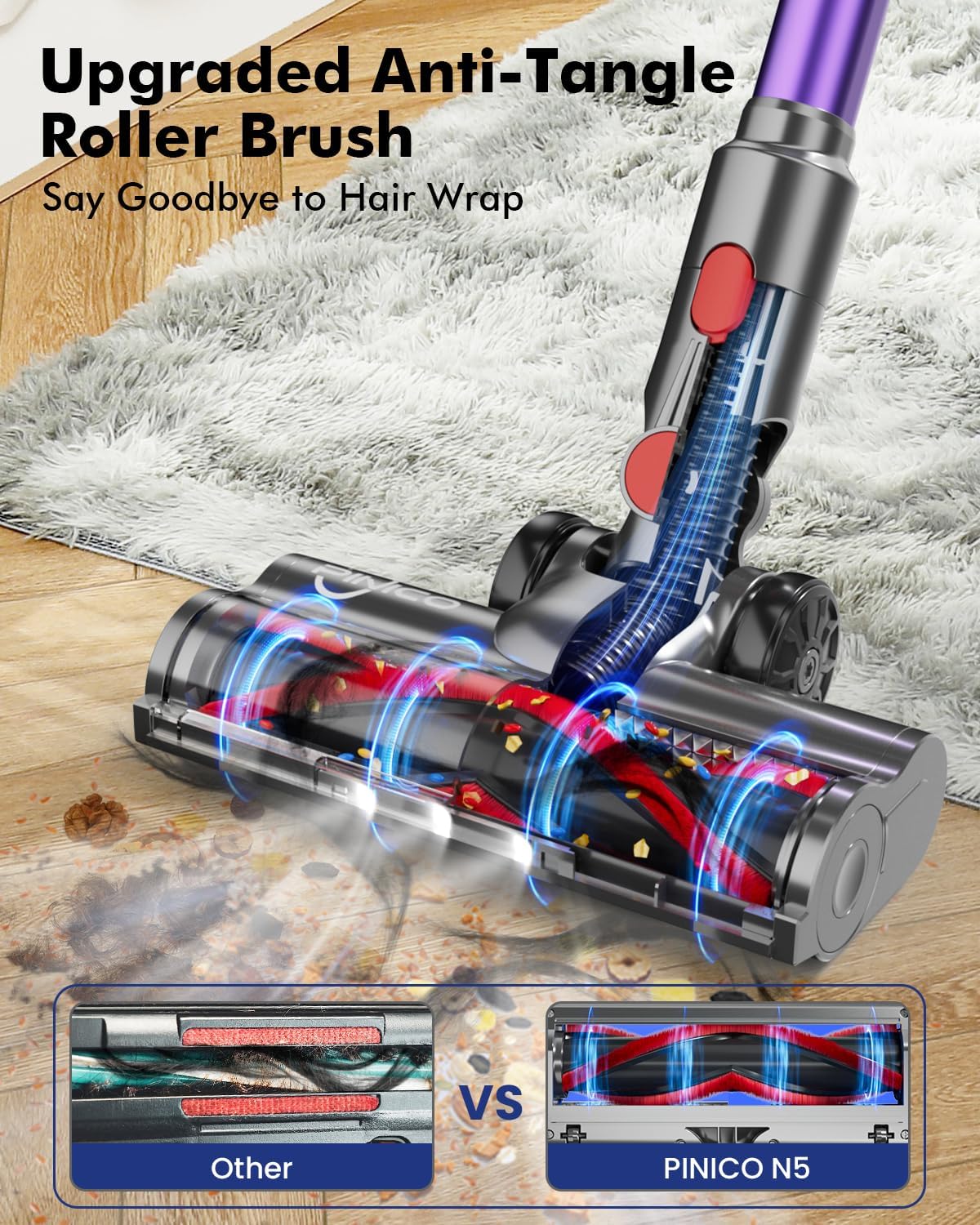 cordless vacuum cleaner, 25kpa vacuum cleaners for home, stick vac with anti tangle brush, 40 mins runtime, lightweight, versatile for carpet, hard floor, pet hair (purple)