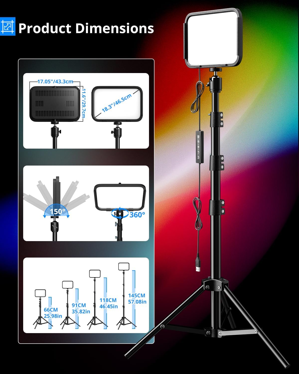 ubeesize 2 pack rgb photography lighting, studio lights with adjustable tripod stand and ball head, video light for video recording, live streaming, makeup