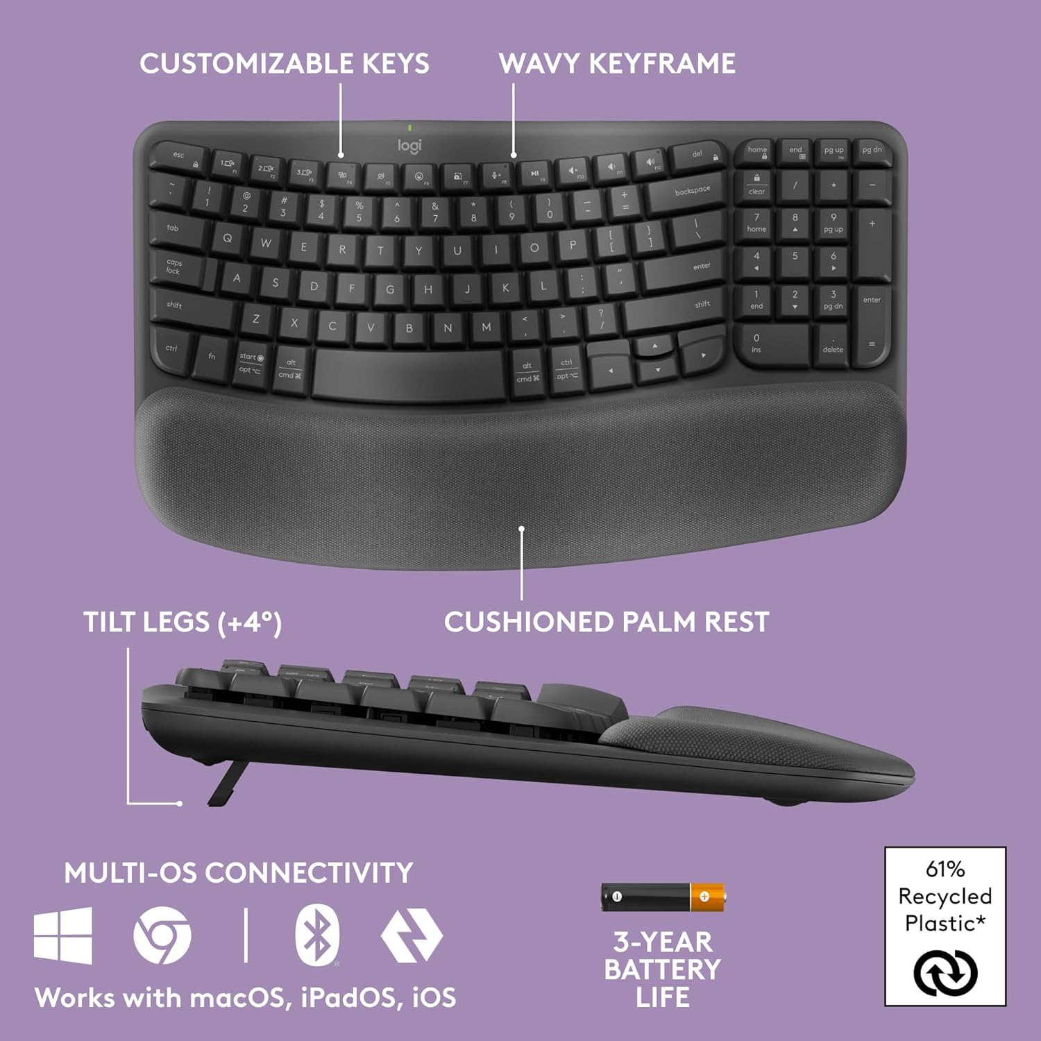 logitech wave keys mk670 combo, wireless ergonomic keyboard with signature m550 l wireless mouse, comfortable natural typing, bluetooth, logi bolt, for multi os, windows/mac graphite