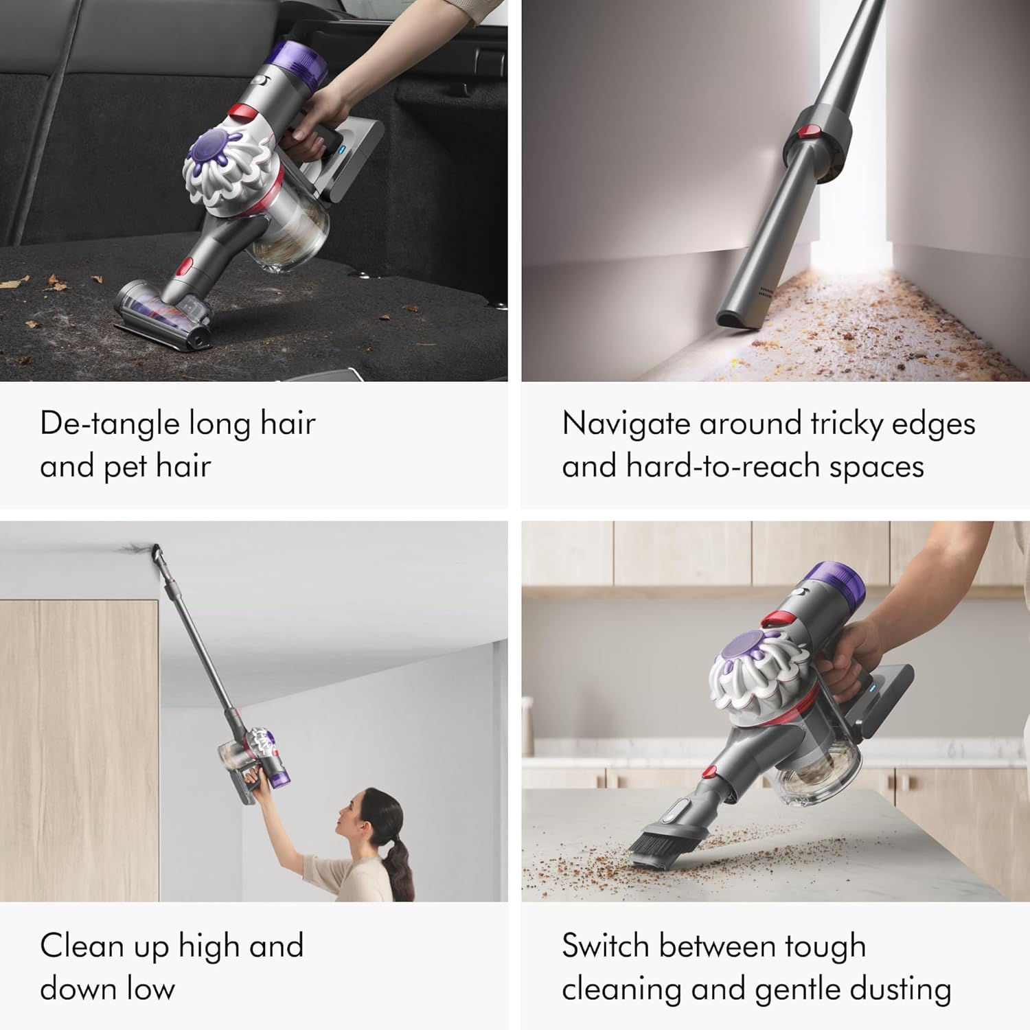 dyson v8 cordless vacuum, cleans hard floors and carpets, detangles, converts to handheld, 115aw, 2 power modes, up to 40 minutes¹