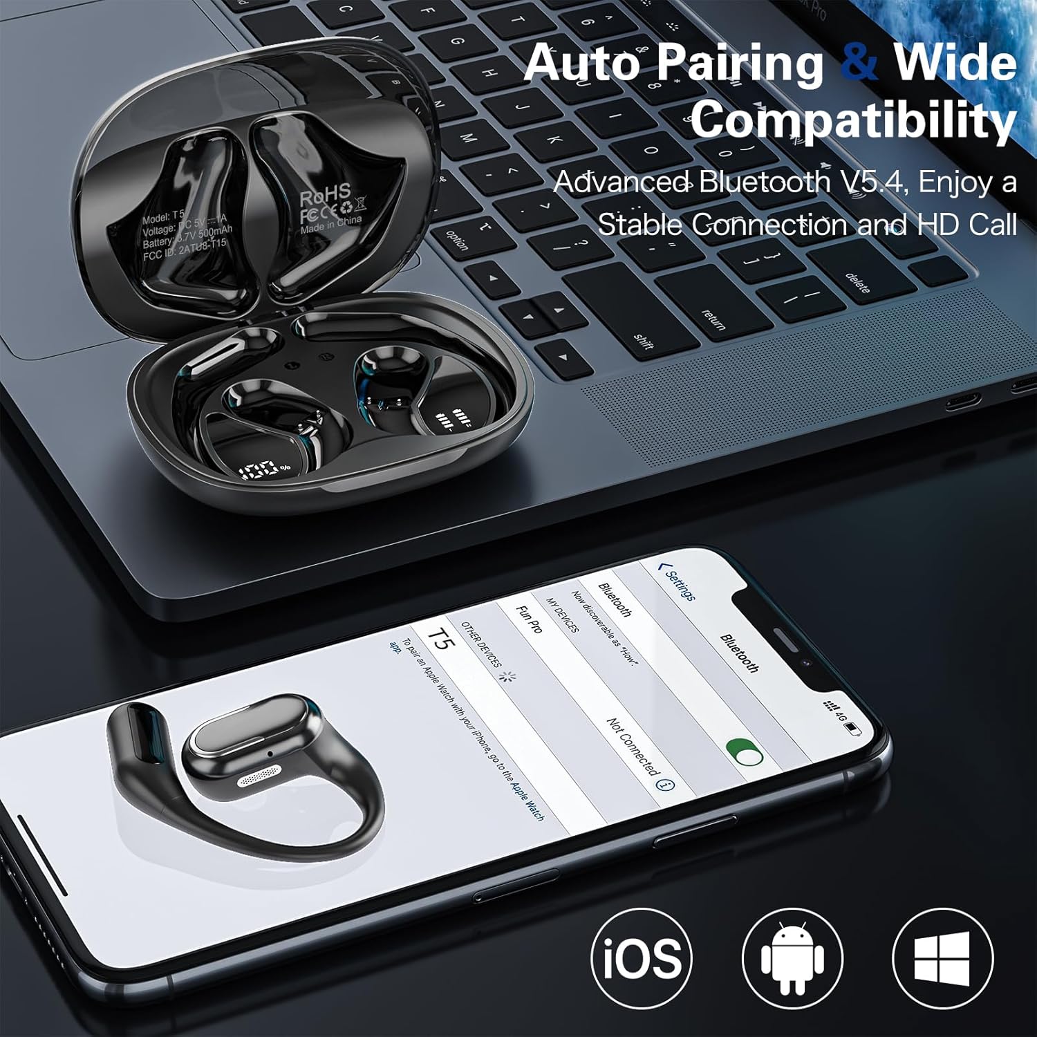 bluetooth 5.4 headphones true wireless stereo earbuds 40h playtime led power display earphones with lpx5 waterproof open ear buds for sporting, working, studying black