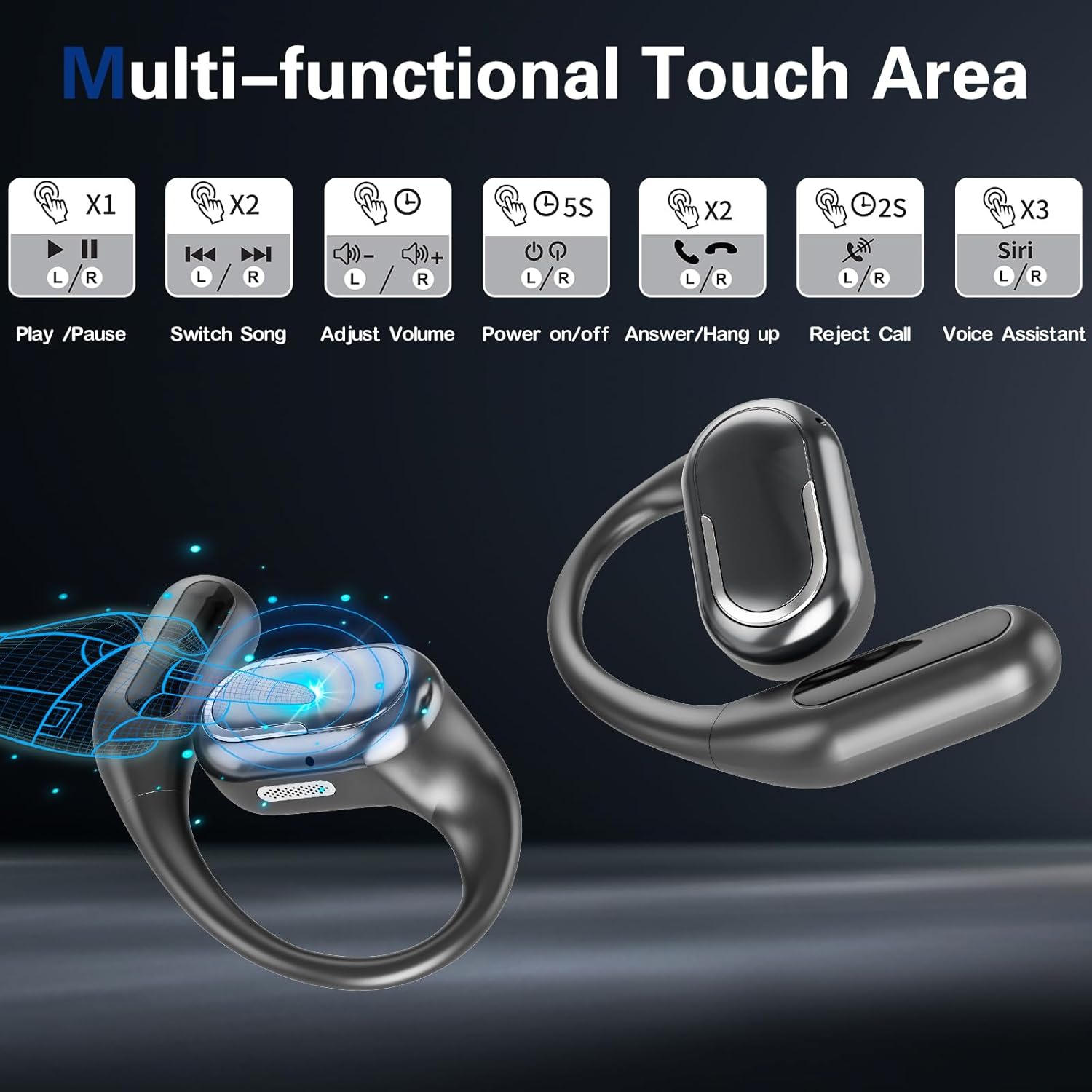 bluetooth 5.4 headphones true wireless stereo earbuds 40h playtime led power display earphones with lpx5 waterproof open ear buds for sporting, working, studying black