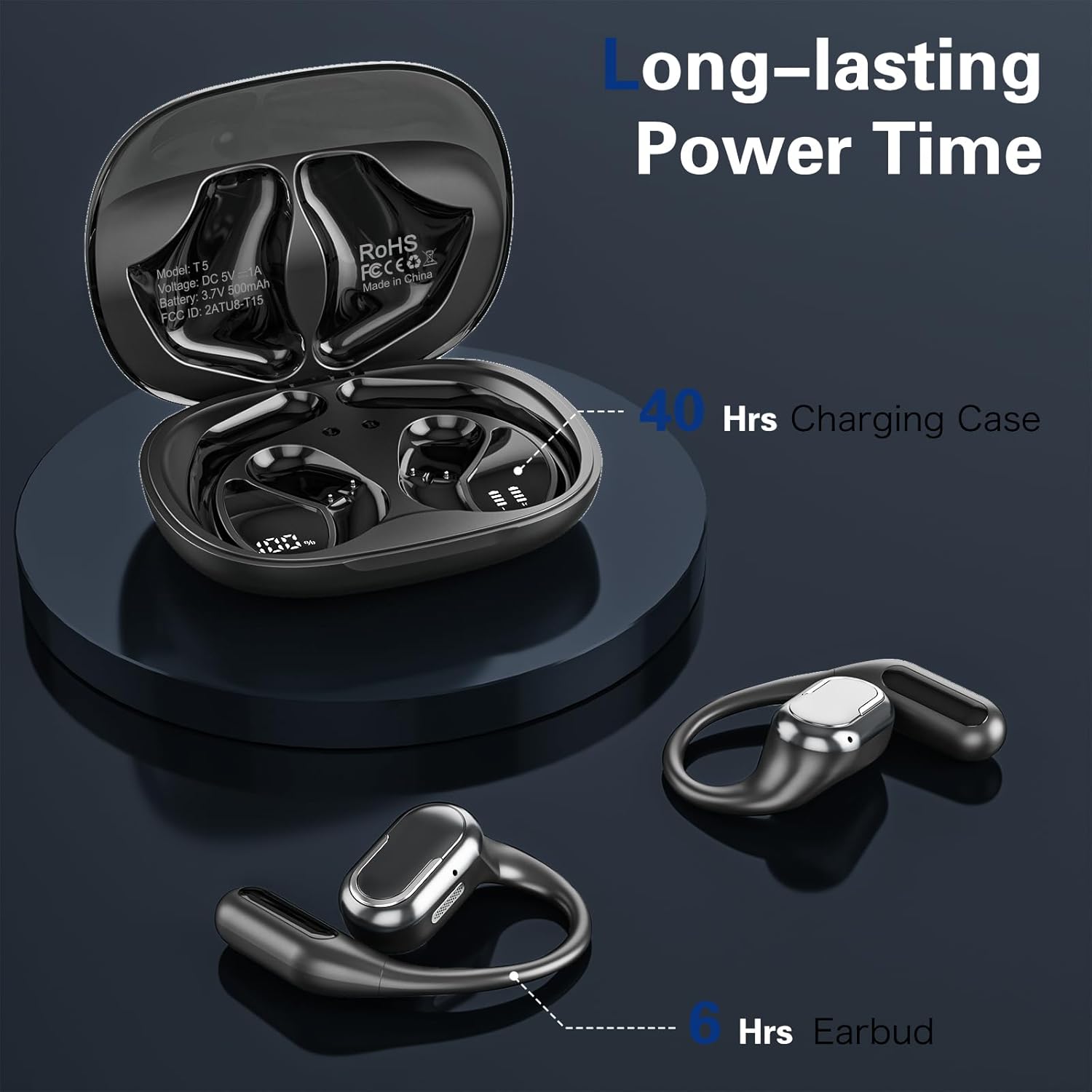 bluetooth 5.4 headphones true wireless stereo earbuds 40h playtime led power display earphones with lpx5 waterproof open ear buds for sporting, working, studying black