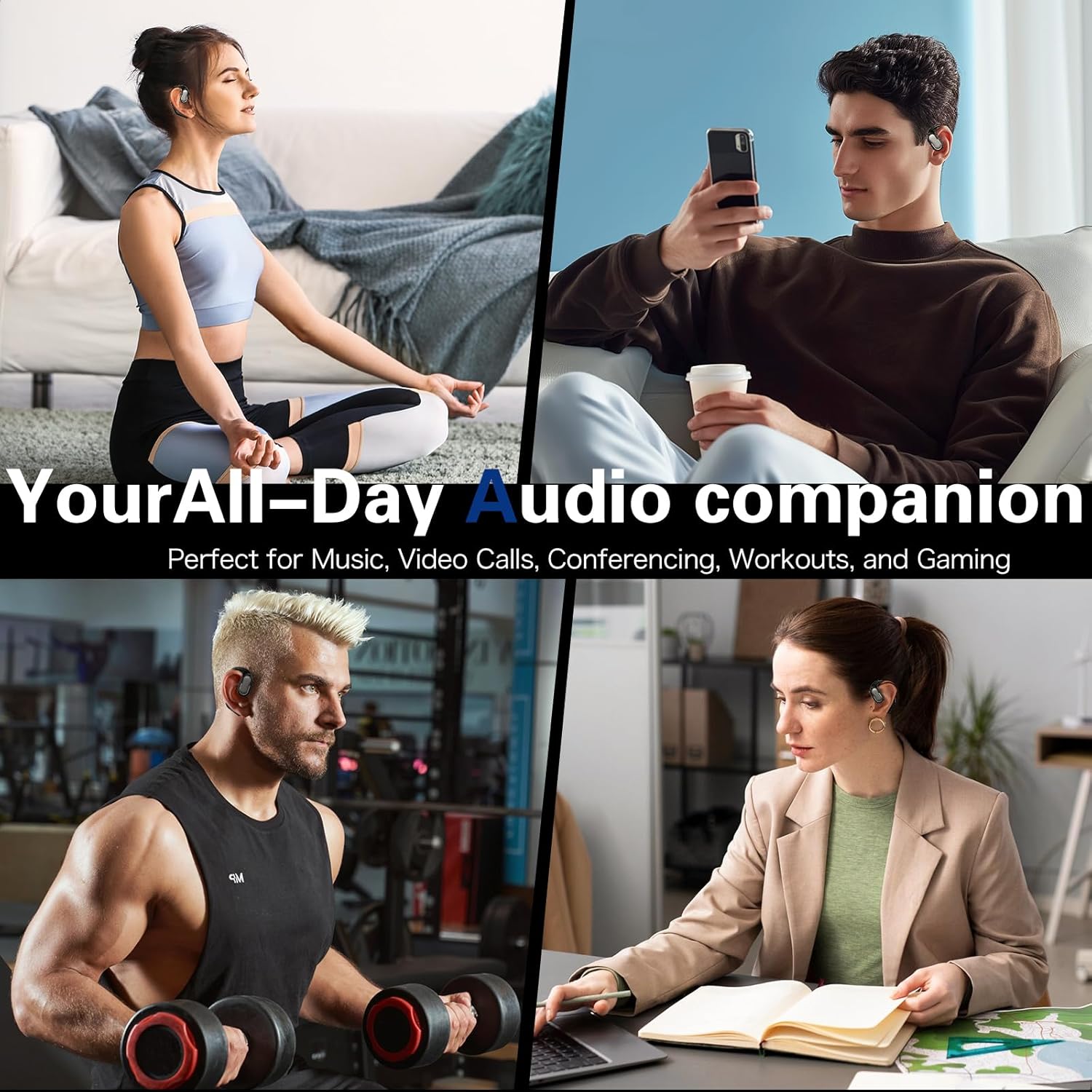 bluetooth 5.4 headphones true wireless stereo earbuds 40h playtime led power display earphones with lpx5 waterproof open ear buds for sporting, working, studying black