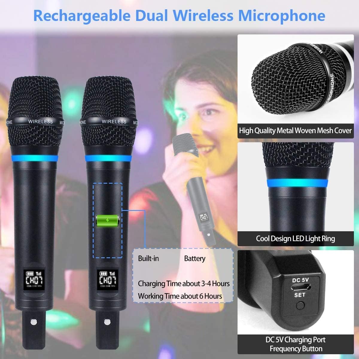 s9 uhf rechargeable wireless microphone system karaoke microphone wireless mic cordless dual with bluetooth receiver box + volume control echo for karaoke singing speech meeting church, 200ft