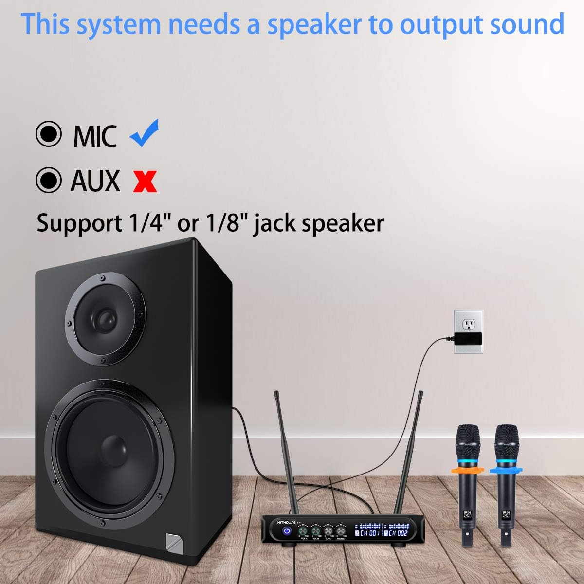 s9 uhf rechargeable wireless microphone system karaoke microphone wireless mic cordless dual with bluetooth receiver box + volume control echo for karaoke singing speech meeting church, 200ft