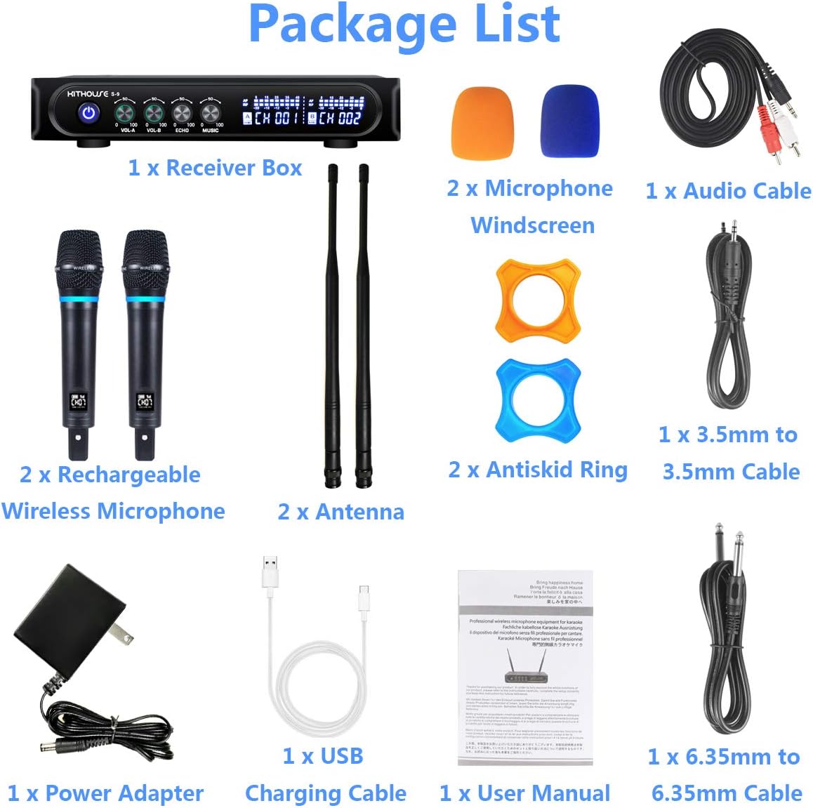 s9 uhf rechargeable wireless microphone system karaoke microphone wireless mic cordless dual with bluetooth receiver box + volume control echo for karaoke singing speech meeting church, 200ft