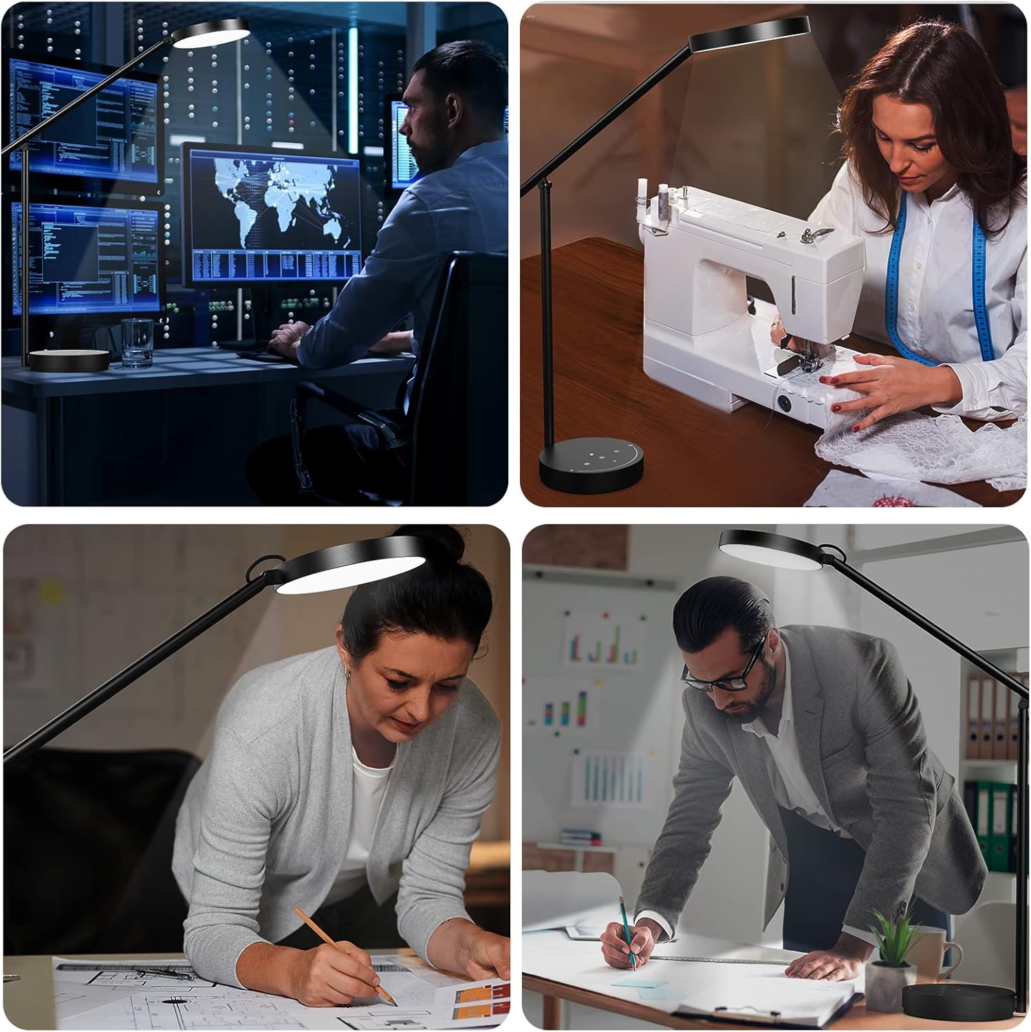 desk lamps for home office with stable base, adjustable swing arm table lamp, eye caring lamp for reading, work, bedroom, bedside, memory light dimmable with 3 color modes & 9 brightness