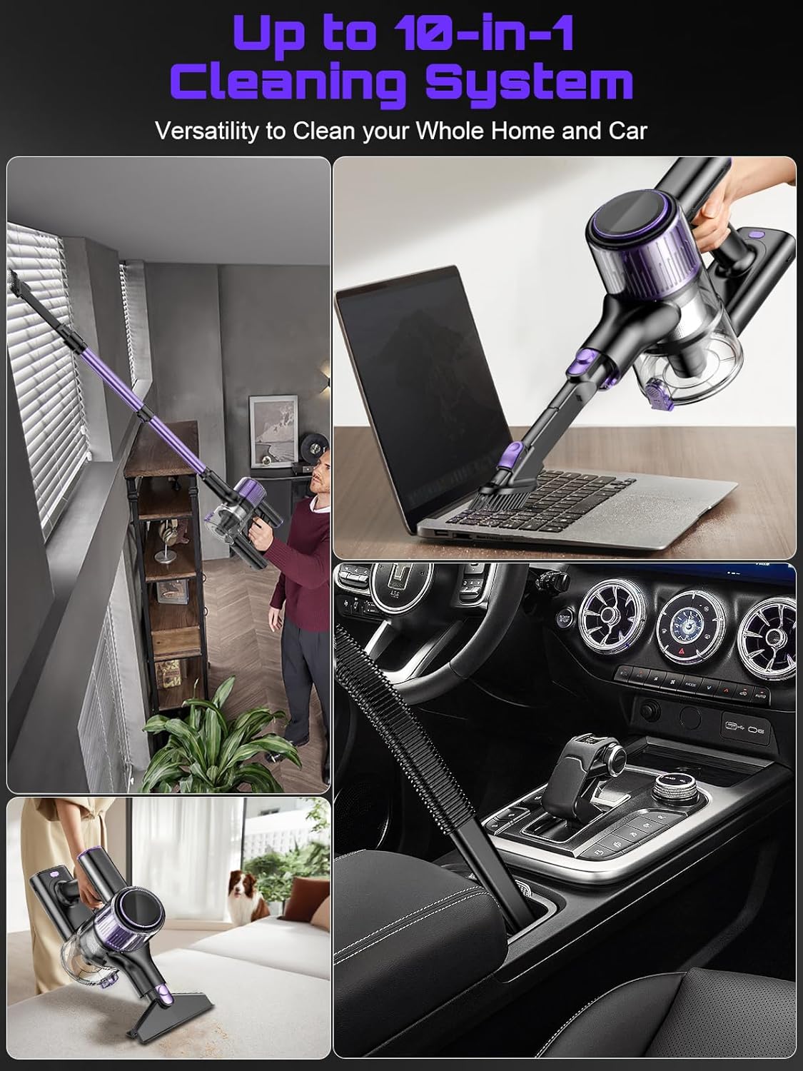 cordless vacuum cleaner, 10 in 1 stick vacuum with powerful suction, hose, green led light, anti tangle brush, lightweight rechargeable vacuum cleaner for home, hardwood floors, carpets