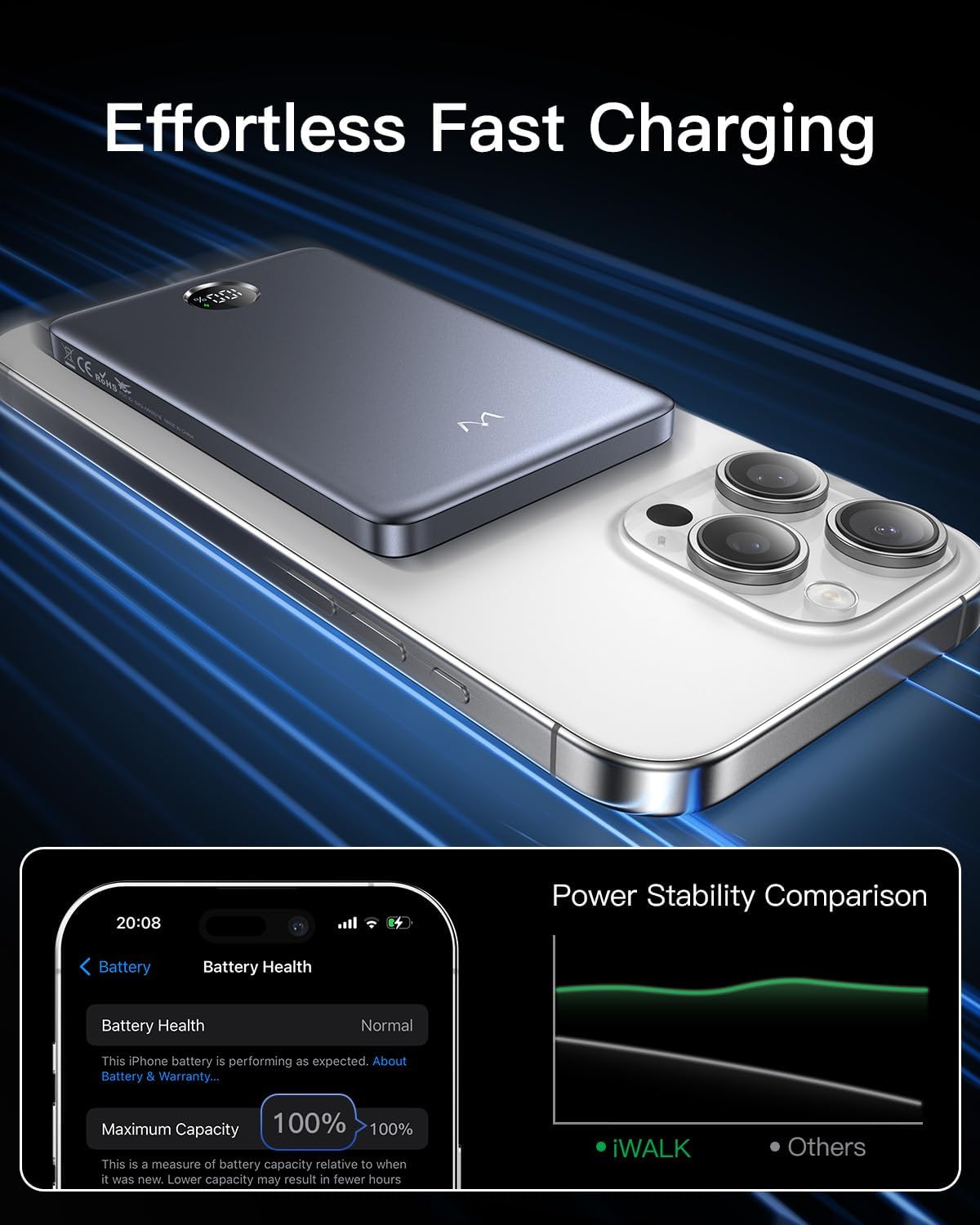 iwalk magnetic portable charger, 5,000mah ultra slim power bank wireless charging battery pack with led power display, comfortable grip powerbank compatible with iphone 17/16/15/14/13 series, gray