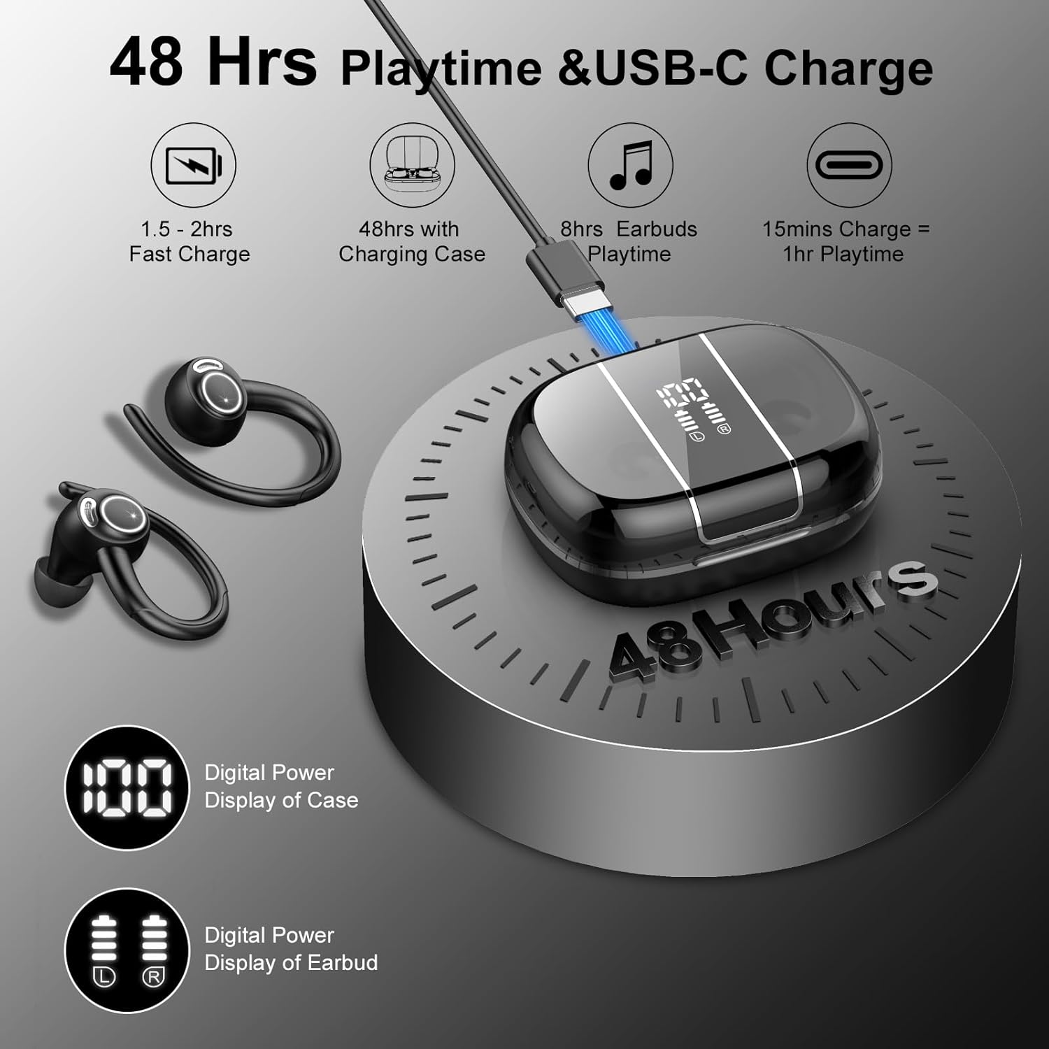 wireless earbuds bluetooth 5.3 headphones sports, 48hrs playtime bluetooth earbuds with cvc 8.0 mic, stereo bass over ear bud with earhooks, led display, ip7 waterproof earphon for workout/running