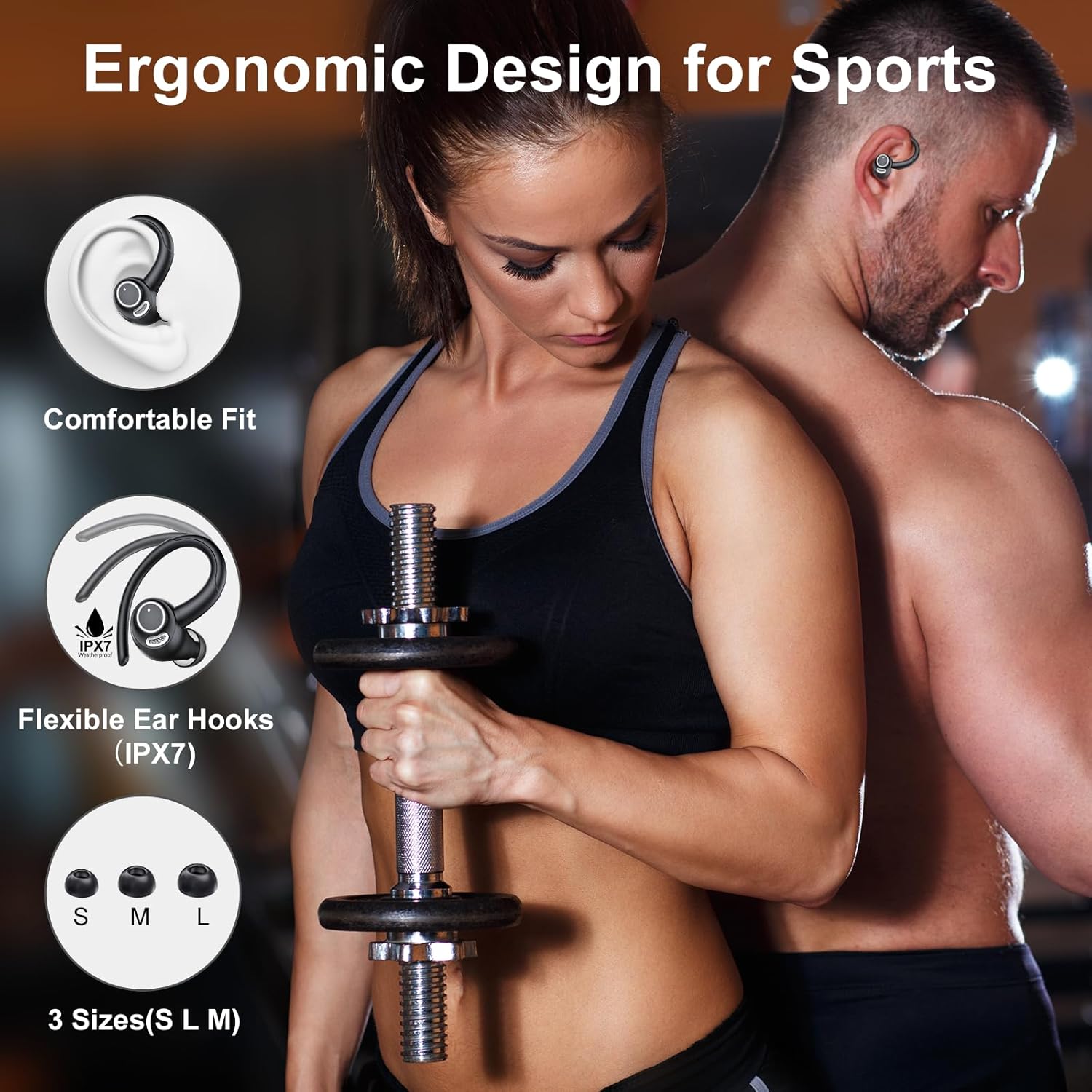 wireless earbuds bluetooth 5.3 headphones sports, 48hrs playtime bluetooth earbuds with cvc 8.0 mic, stereo bass over ear bud with earhooks, led display, ip7 waterproof earphon for workout/running