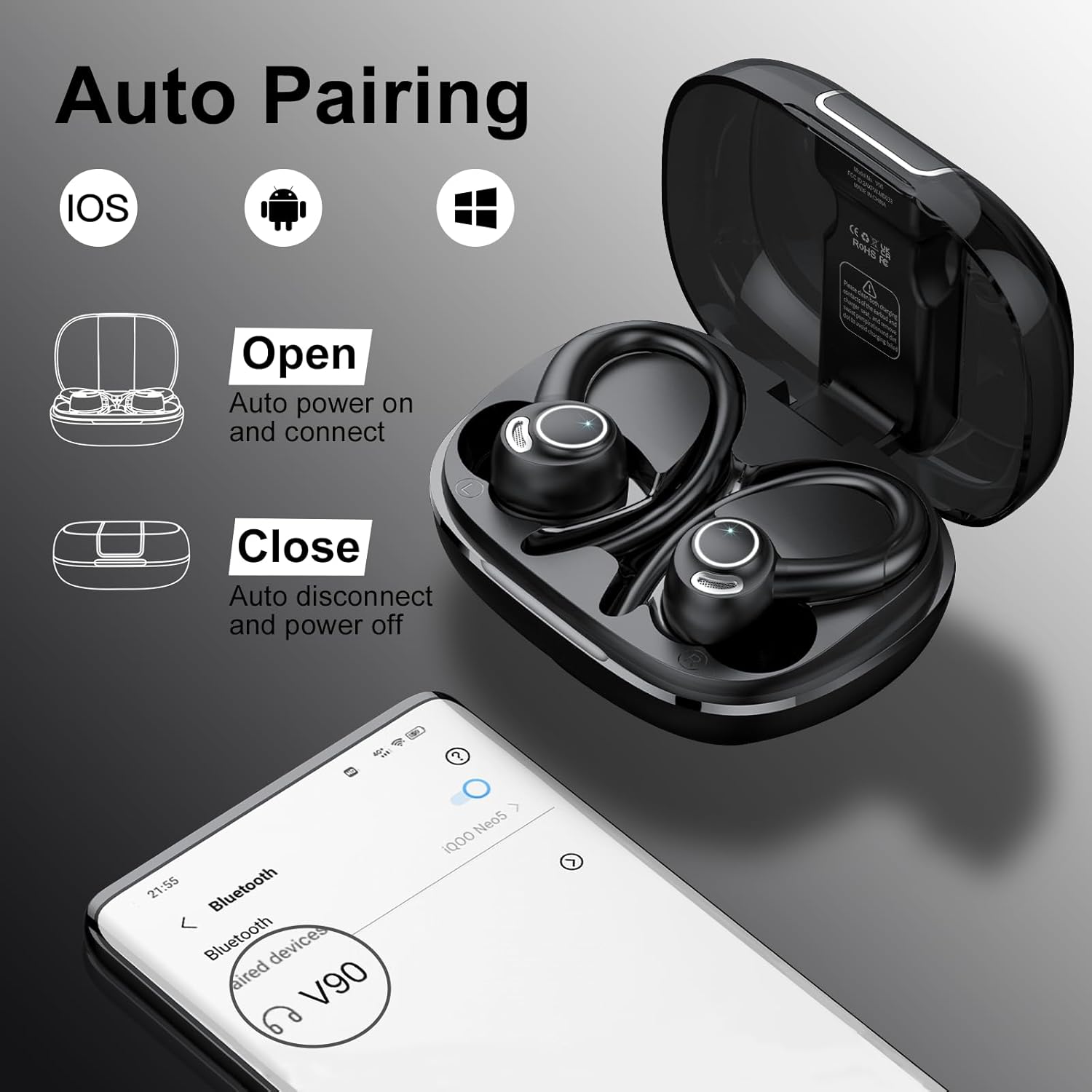 wireless earbuds bluetooth 5.3 headphones sports, 48hrs playtime bluetooth earbuds with cvc 8.0 mic, stereo bass over ear bud with earhooks, led display, ip7 waterproof earphon for workout/running