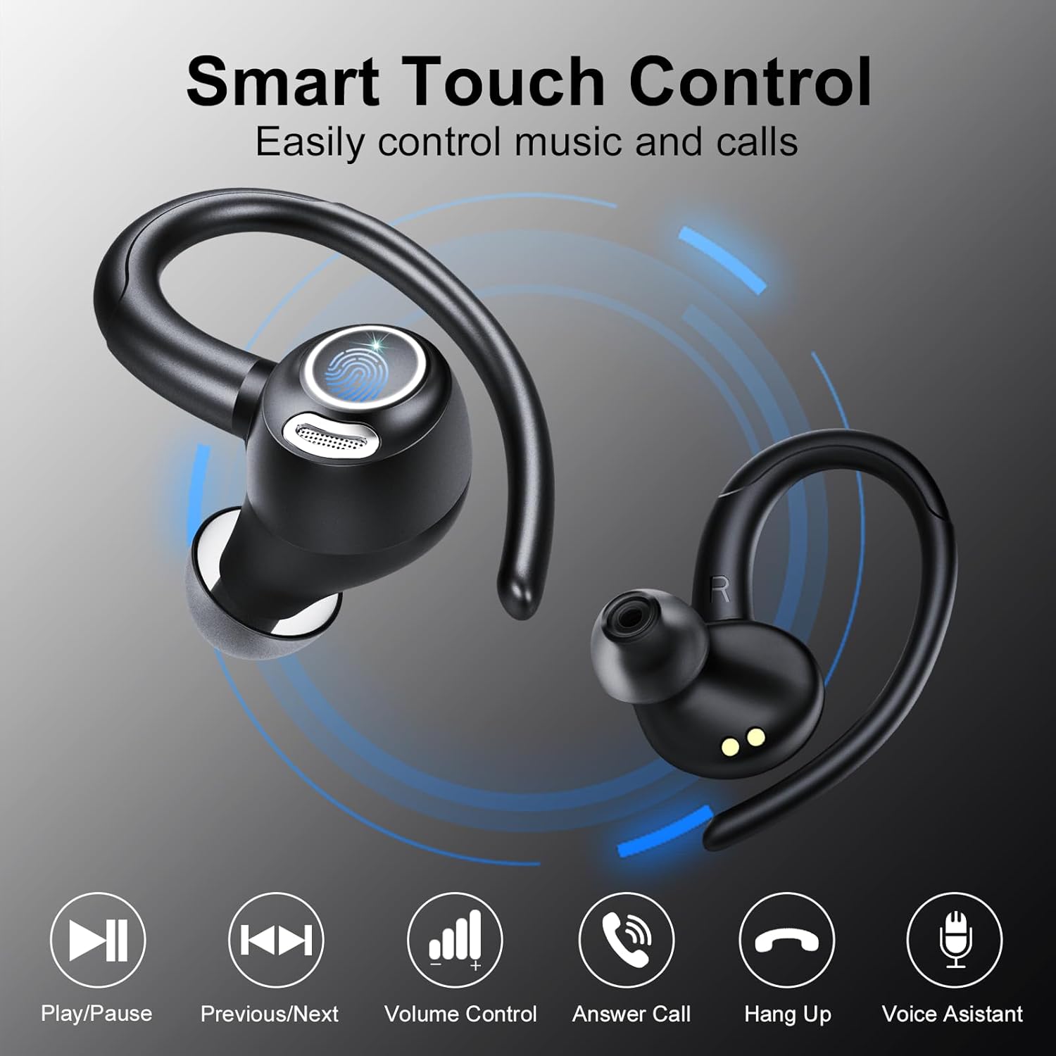 wireless earbuds bluetooth 5.3 headphones sports, 48hrs playtime bluetooth earbuds with cvc 8.0 mic, stereo bass over ear bud with earhooks, led display, ip7 waterproof earphon for workout/running