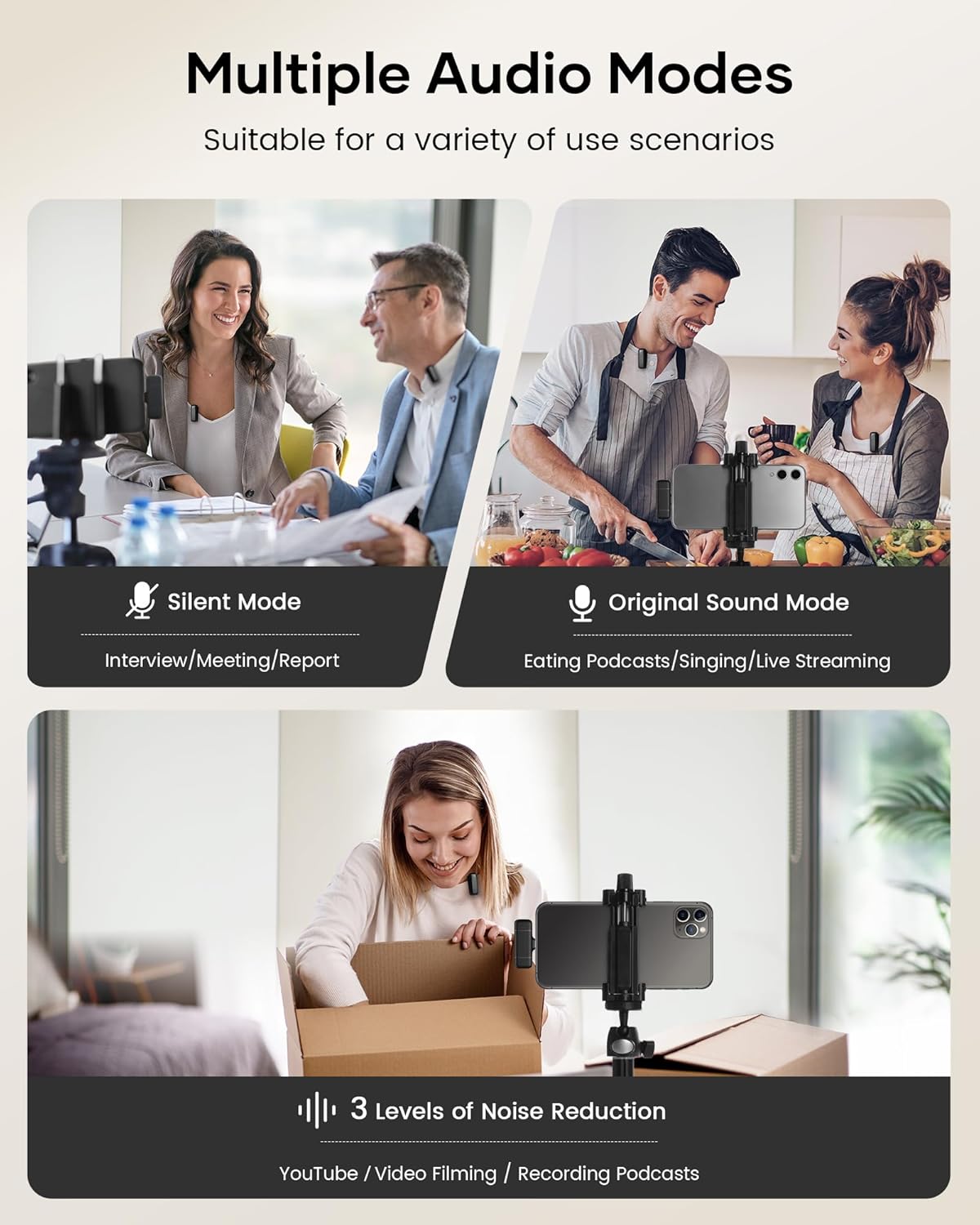 wireless lavalier microphone with charging case, 36h battery life, noise cancellation, 135ft range, plug and play clip on mic for iphone, ipad, android, youtube, vlog, live streaming