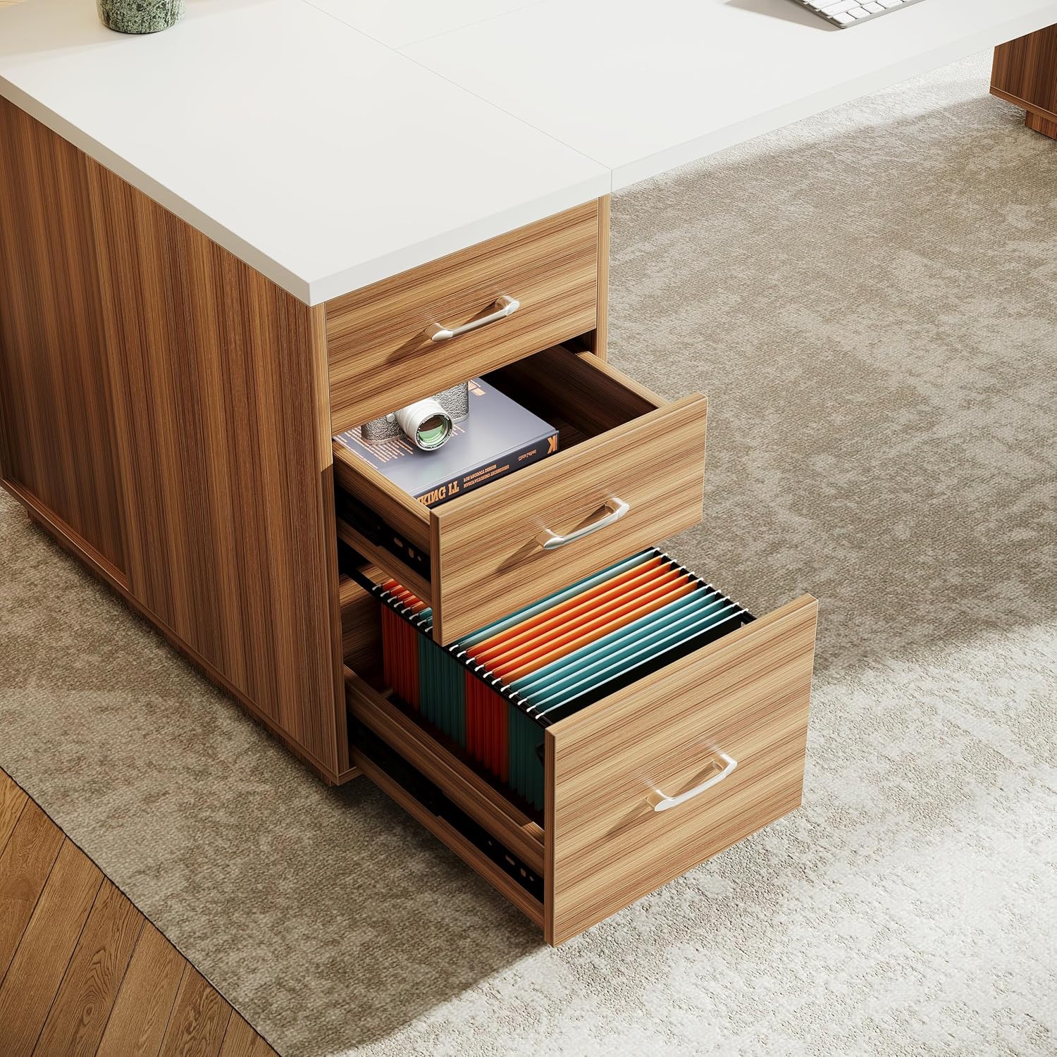 tribesigns 85.8" l shaped executive desk, extra large office desk with file drawers, modern business furniture, computer desk workstation with door cabinet, shelves for home office, white & brown