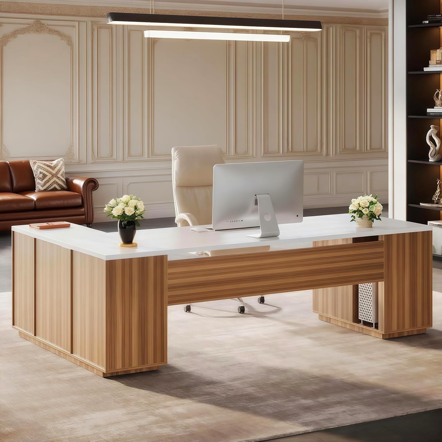 tribesigns 85.8" l shaped executive desk, extra large office desk with file drawers, modern business furniture, computer desk workstation with door cabinet, shelves for home office, white & brown