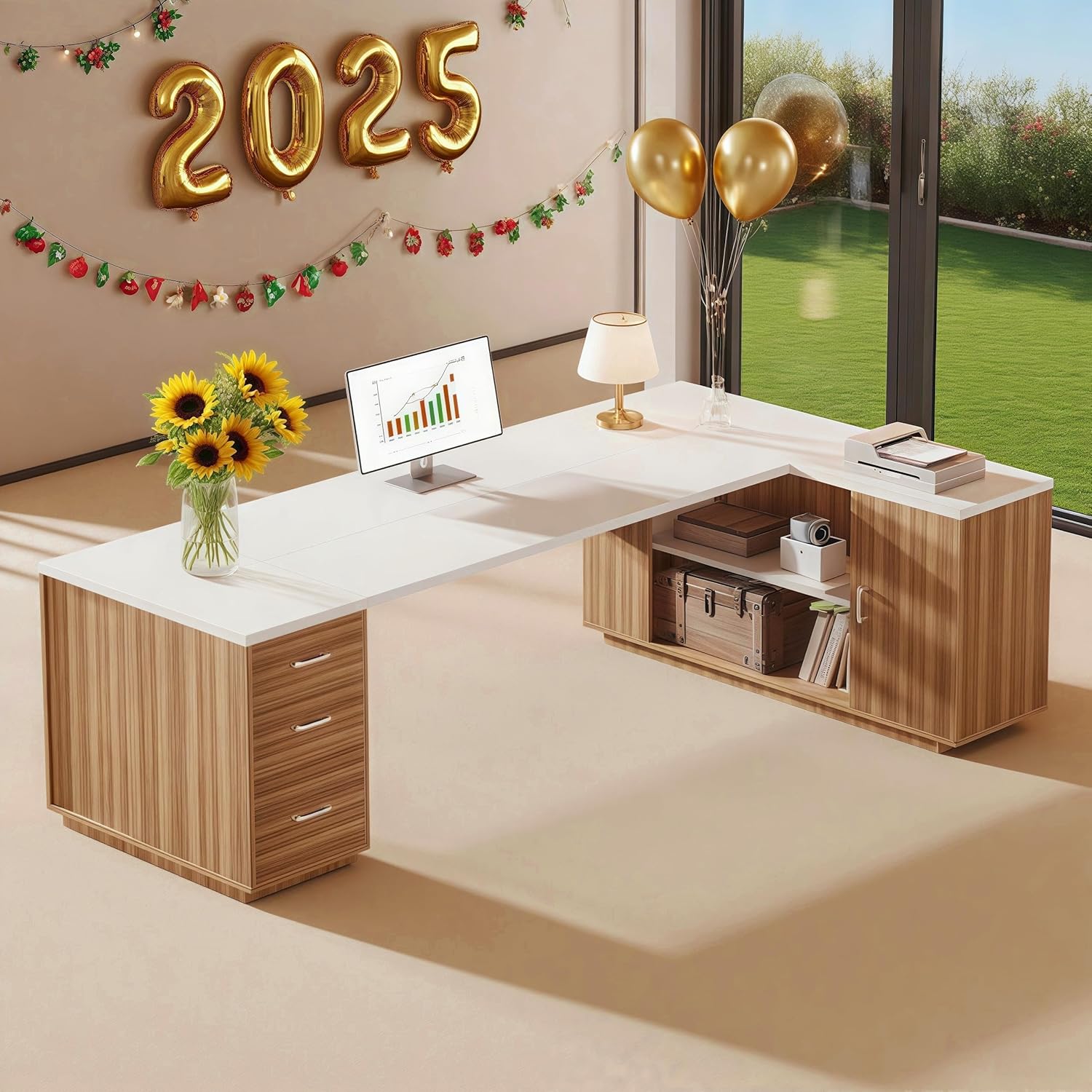 tribesigns 85.8" l shaped executive desk, extra large office desk with file drawers, modern business furniture, computer desk workstation with door cabinet, shelves for home office, white & brown