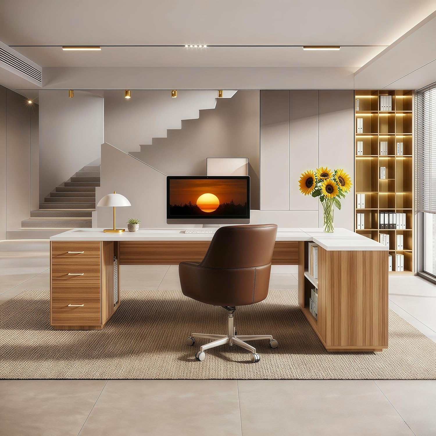 tribesigns 85.8" l shaped executive desk, extra large office desk with file drawers, modern business furniture, computer desk workstation with door cabinet, shelves for home office, white & brown